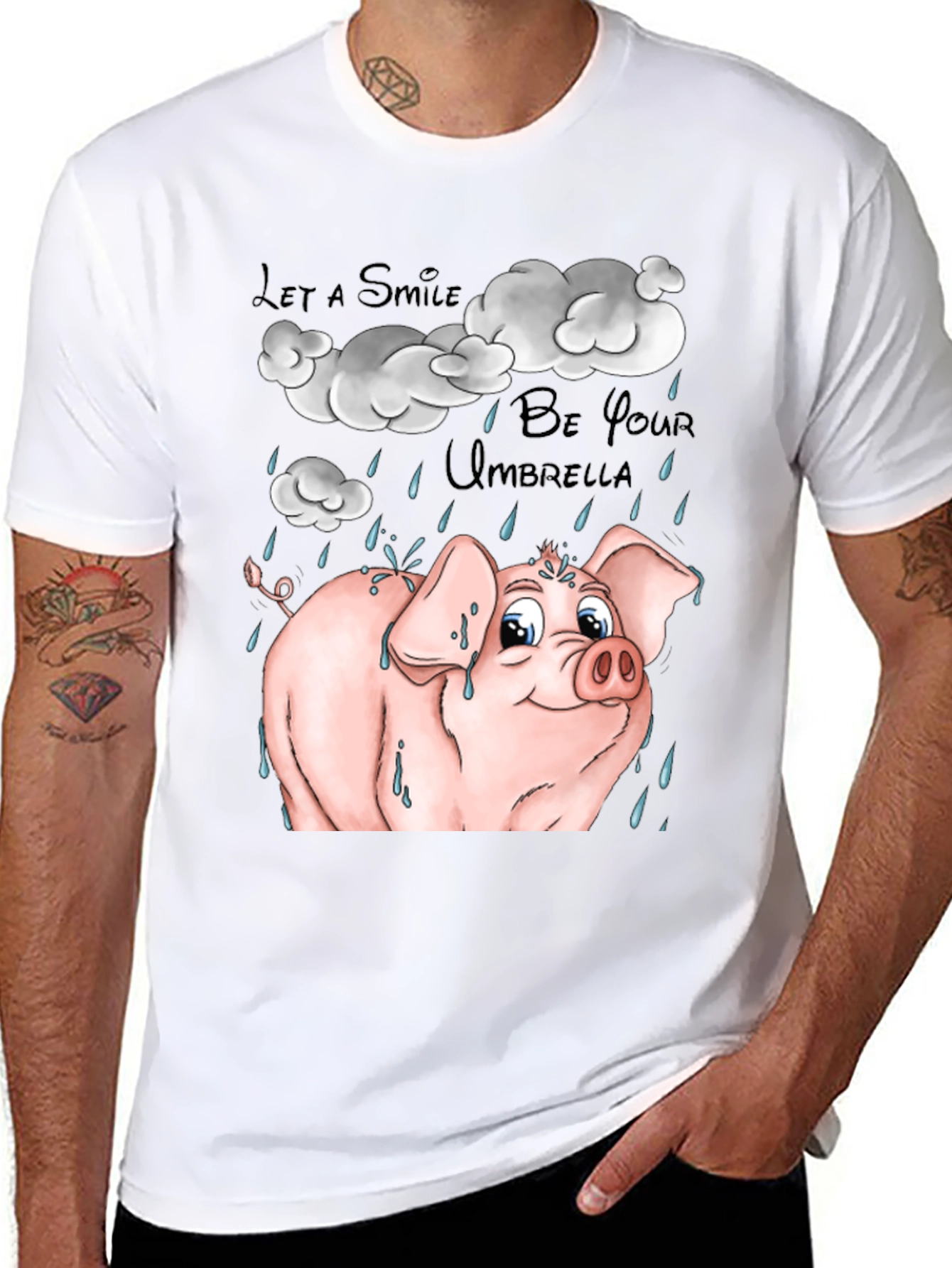 Smiling Pig in Rain Black Graphic T-Shirt