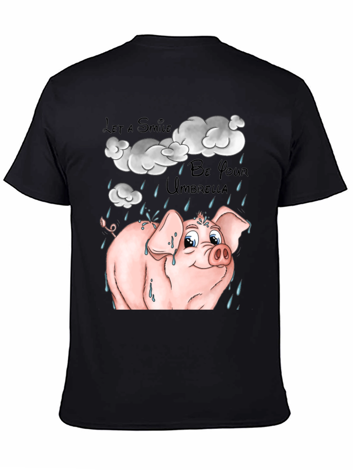 Smiling Pig in Rain Black Graphic T-Shirt