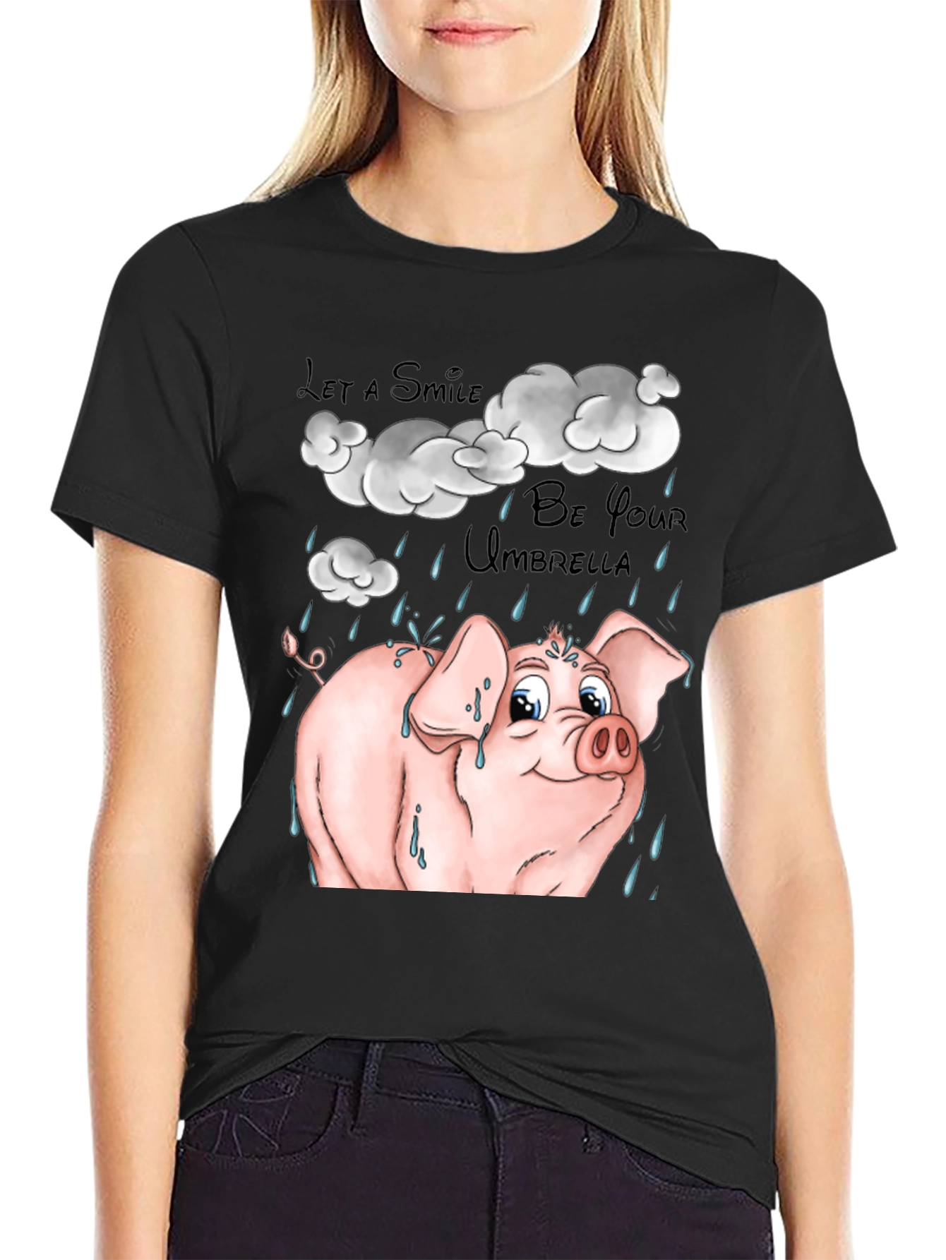 Smiling Pig in Rain Black Graphic T-Shirt