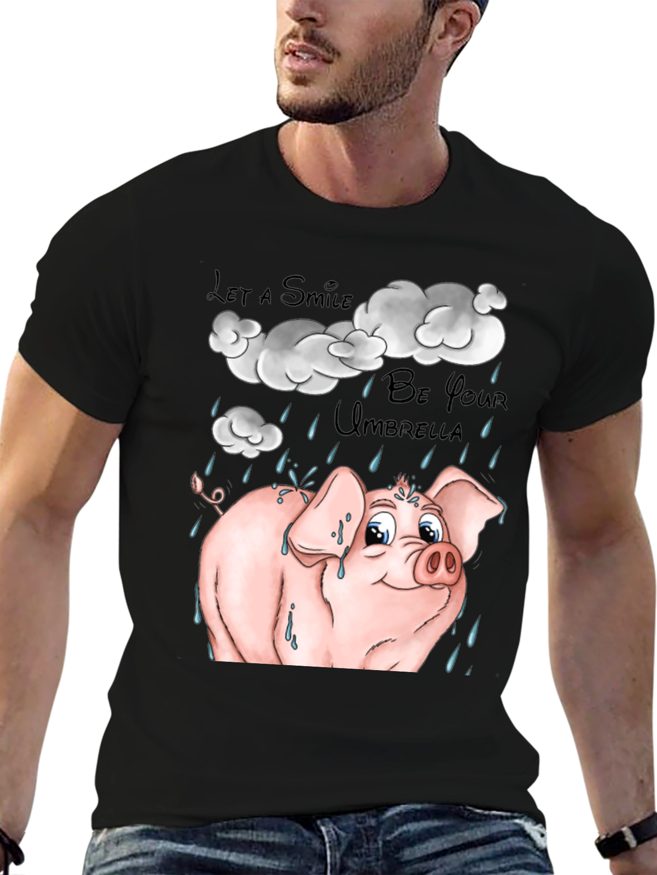 Smiling Pig in Rain Black Graphic T-Shirt