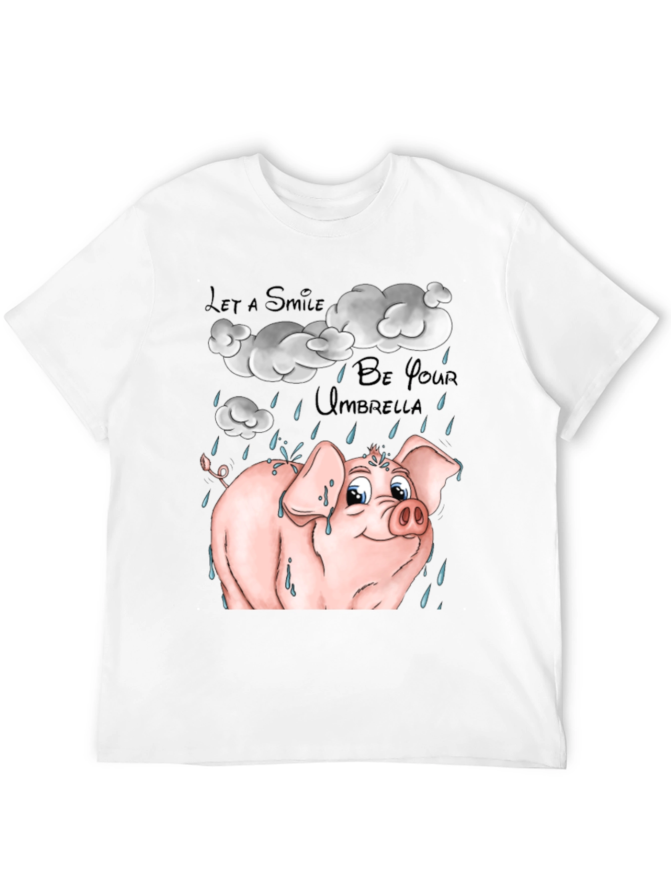 Smiling Pig in Rain Black Graphic T-Shirt