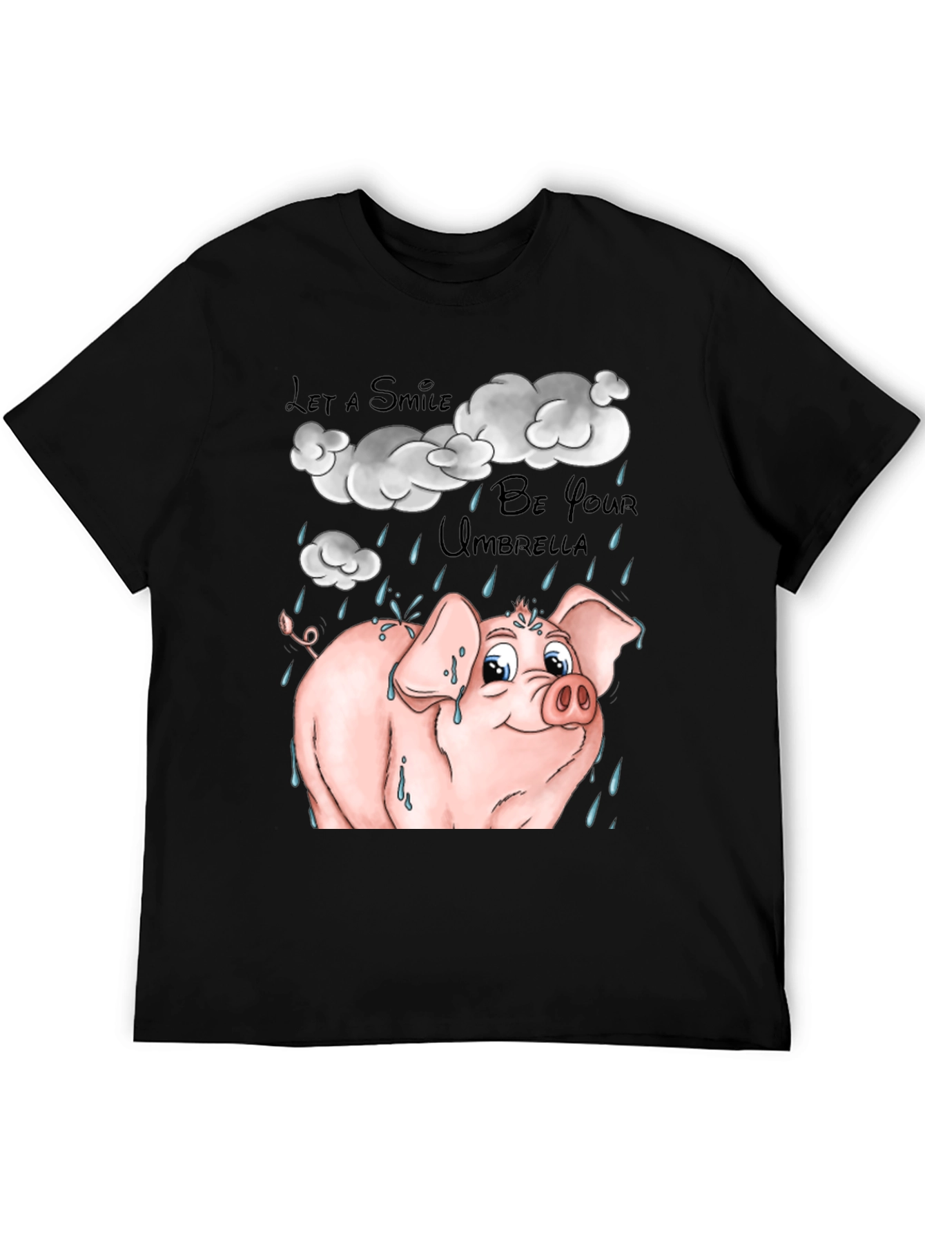 Smiling Pig in Rain Black Graphic T-Shirt