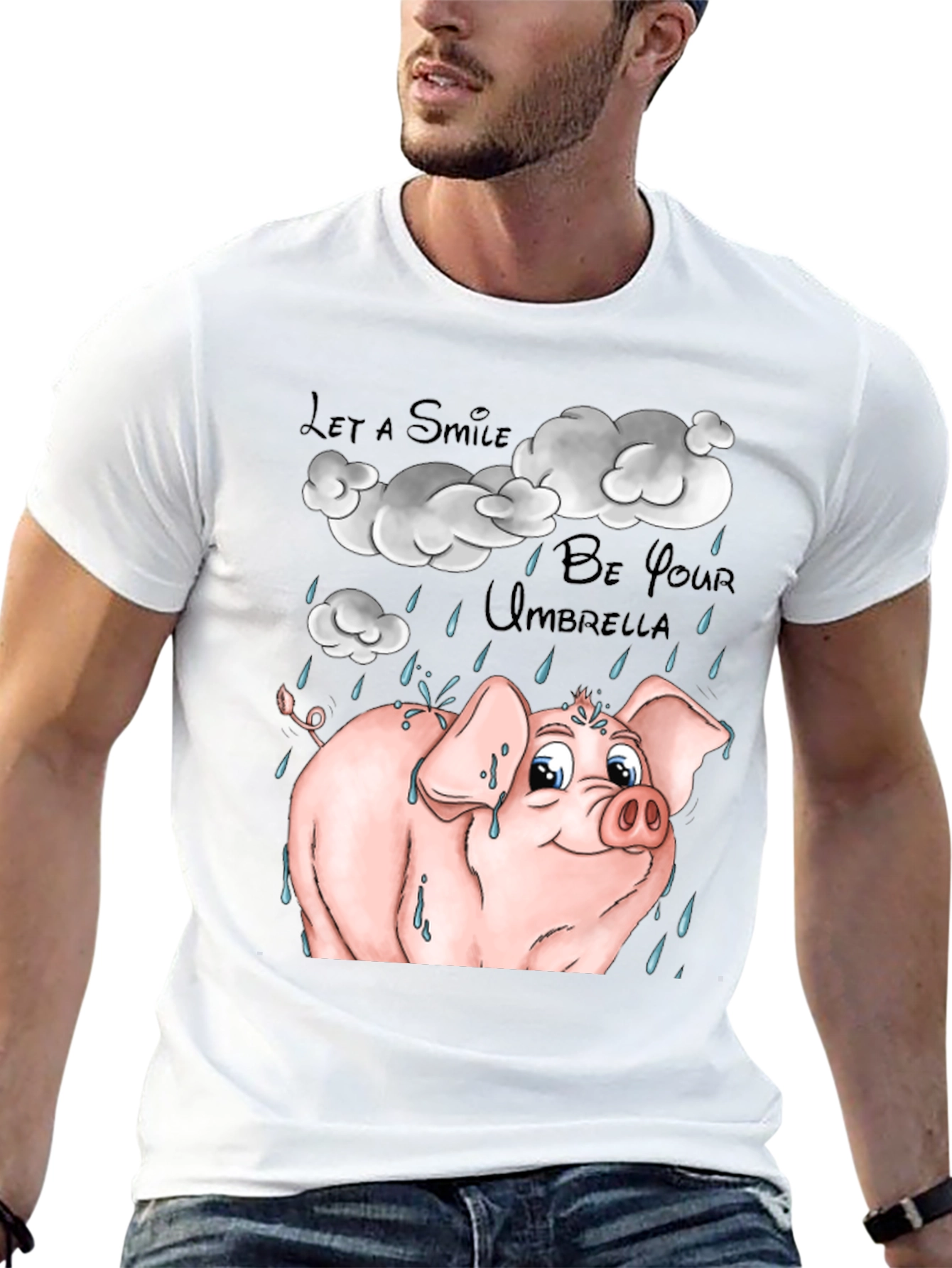 Smiling Pig in Rain Black Graphic T-Shirt