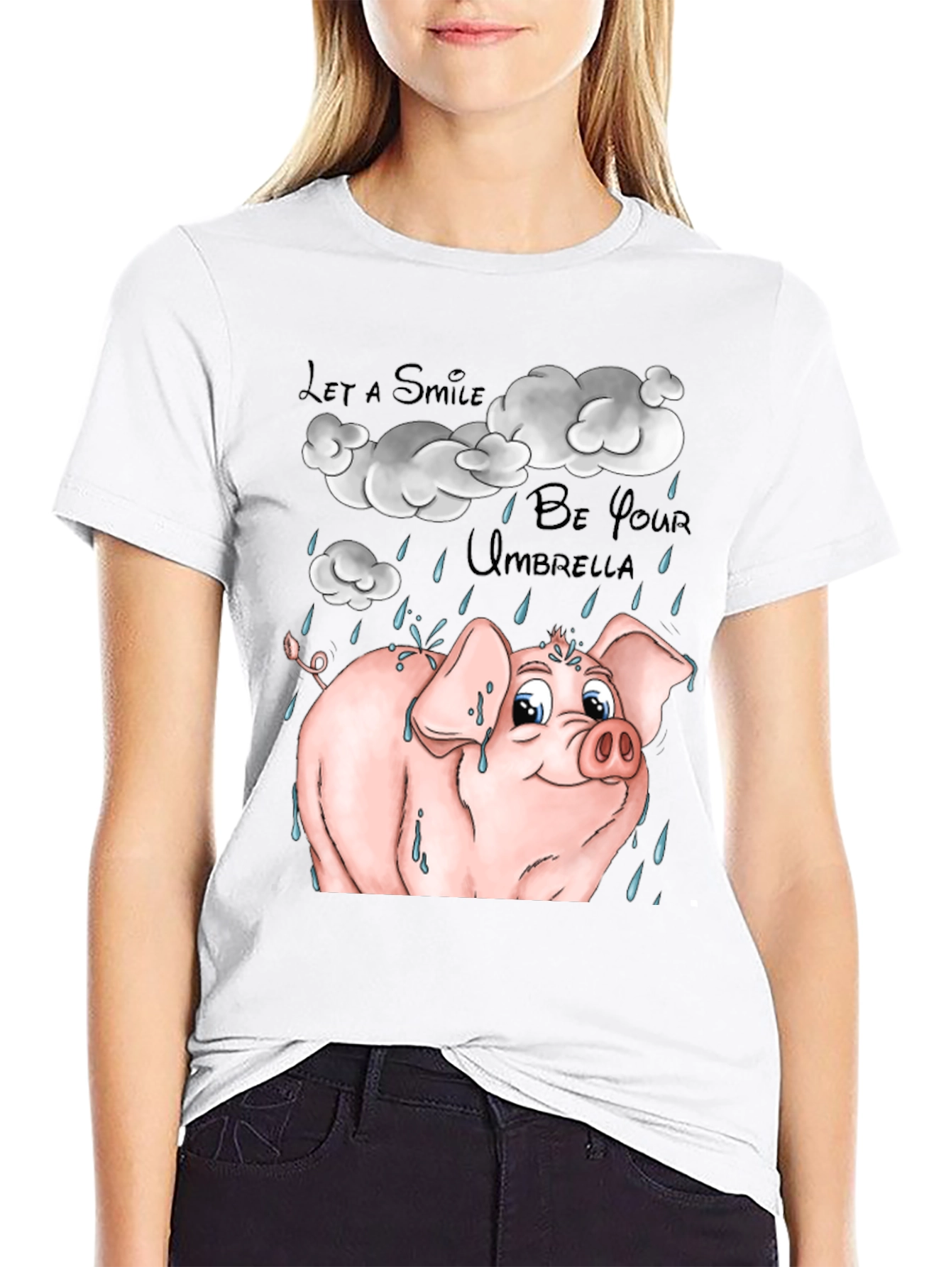 Smiling Pig in Rain Black Graphic T-Shirt