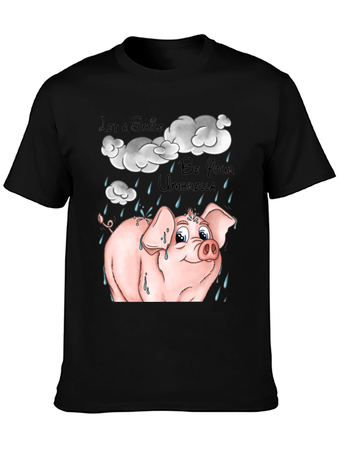 Smiling Pig in Rain Black Graphic T-Shirt