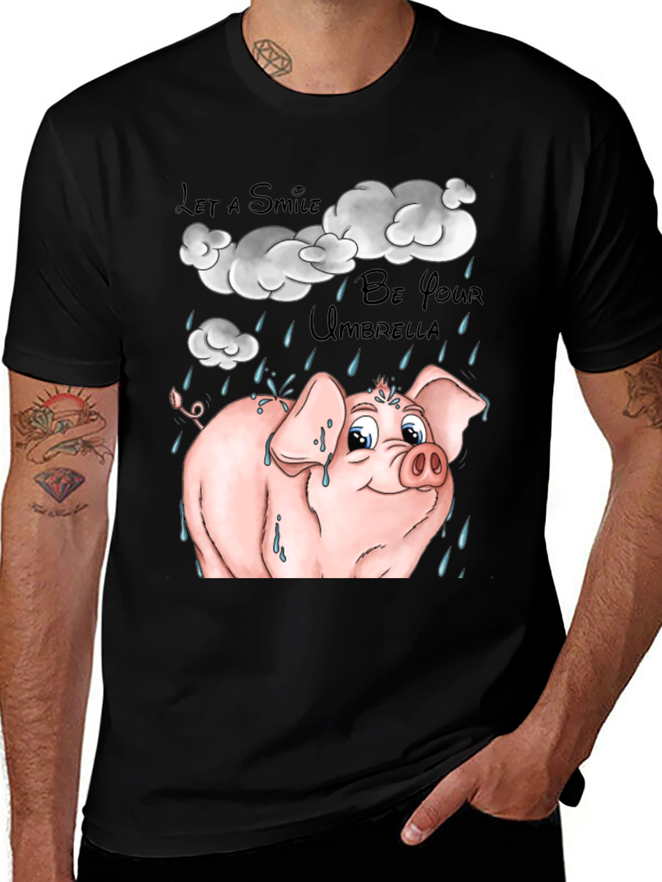Smiling Pig in Rain Black Graphic T-Shirt