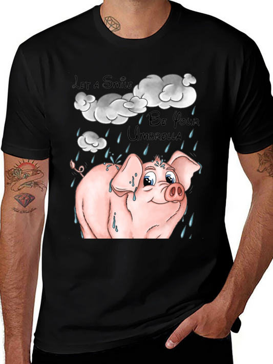 Smiling Pig in Rain Black Graphic T-Shirt