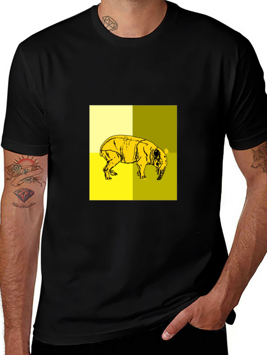 Abstract Yellow Pig Graphic Black T-Shirt