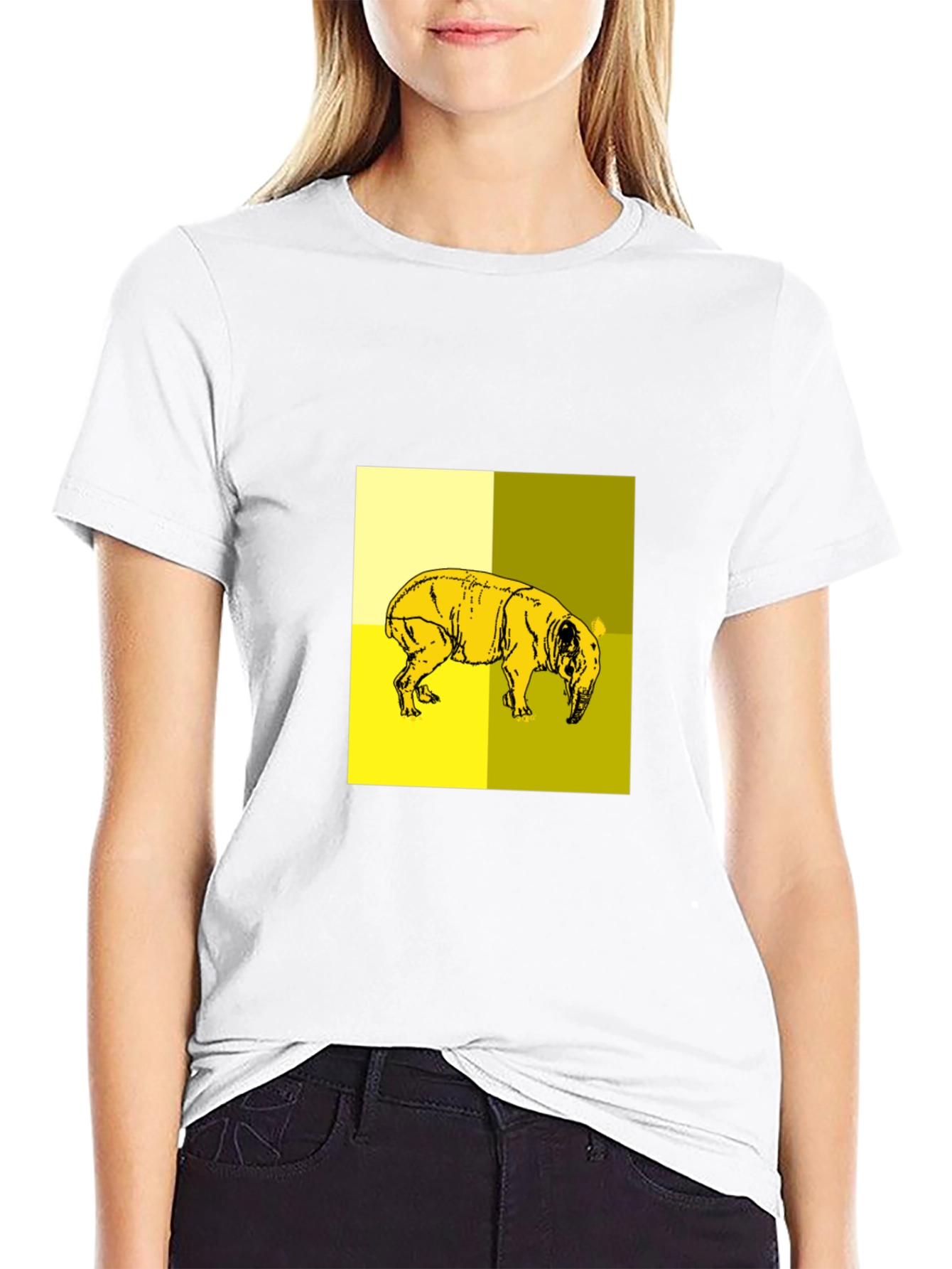 Abstract Yellow Pig Graphic Black T-Shirt