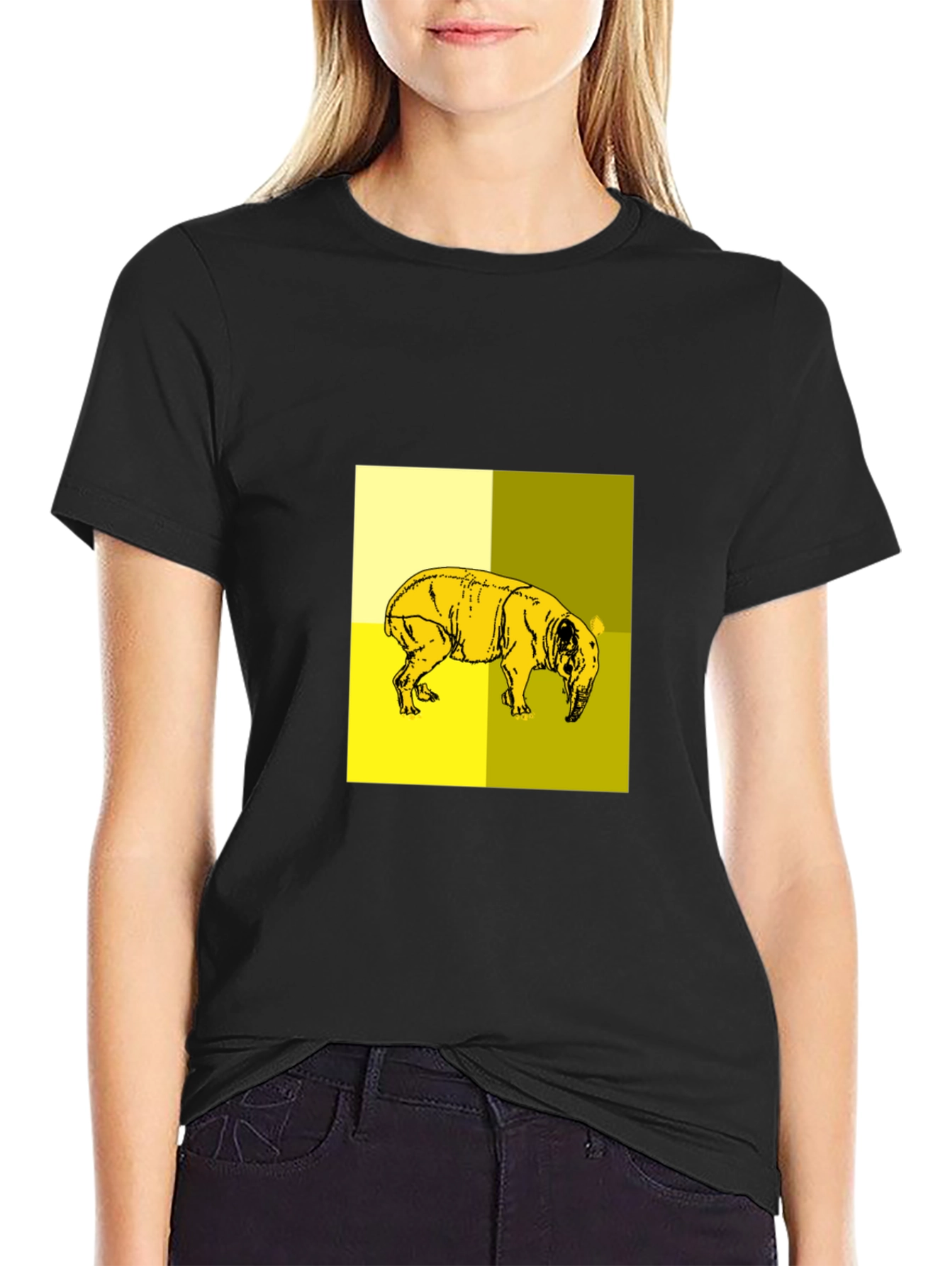 Abstract Yellow Pig Graphic Black T-Shirt