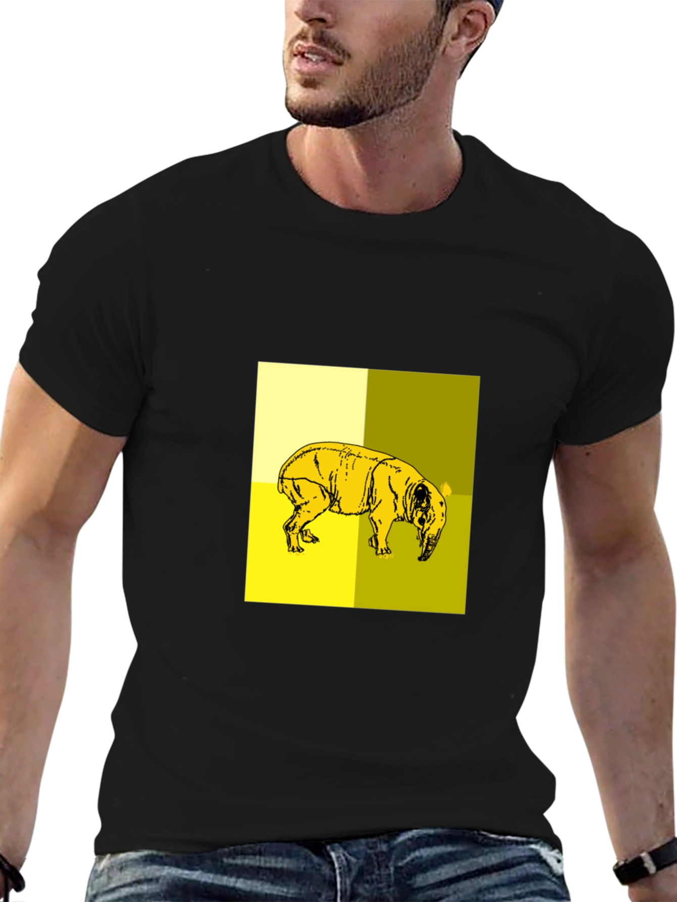 Abstract Yellow Pig Graphic Black T-Shirt