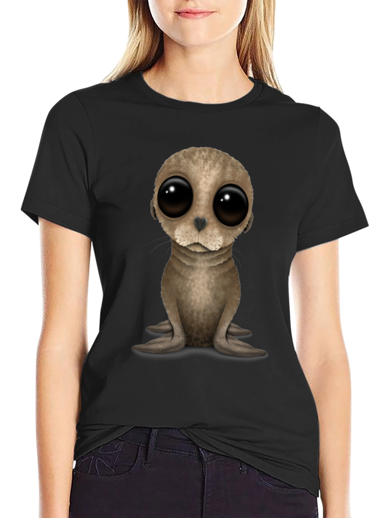 Cute Seal Pup Big Eyes Black T-Shirt