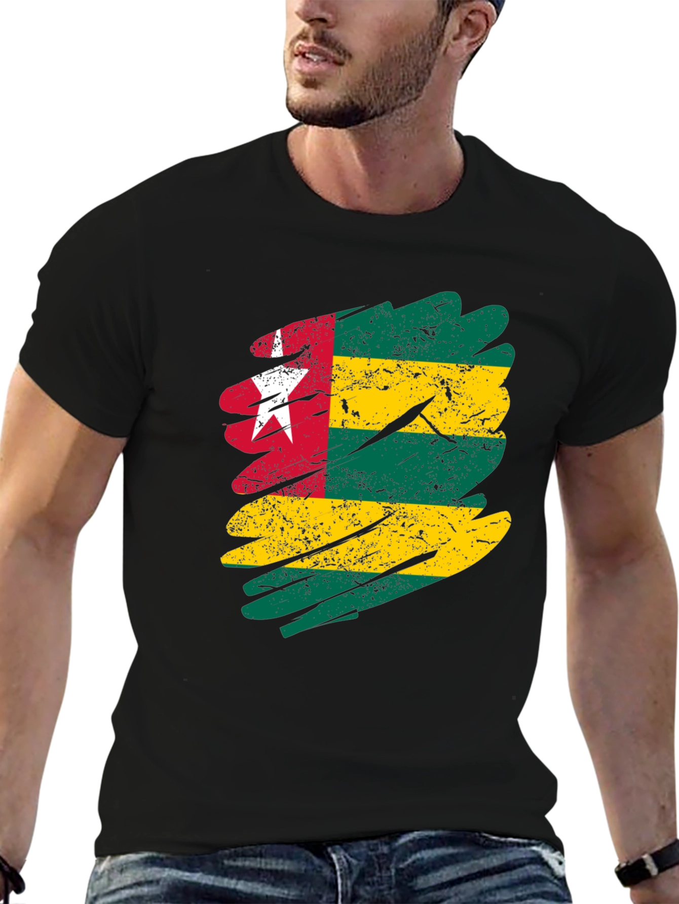 Togo Flag Distressed Mens Black T-Shirt