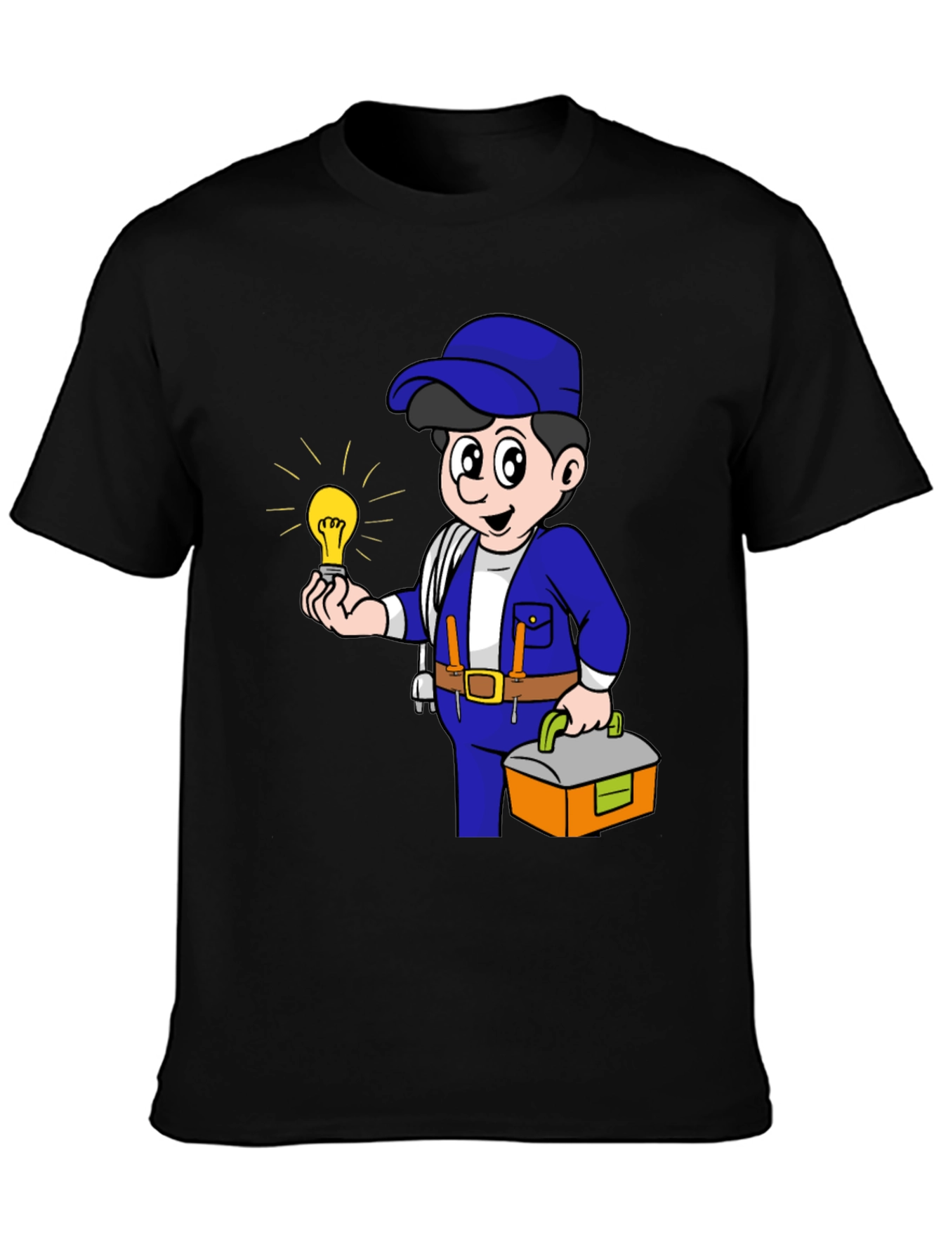 Electrician Cartoon Graphic Tee - Black Cotton T-Shirt