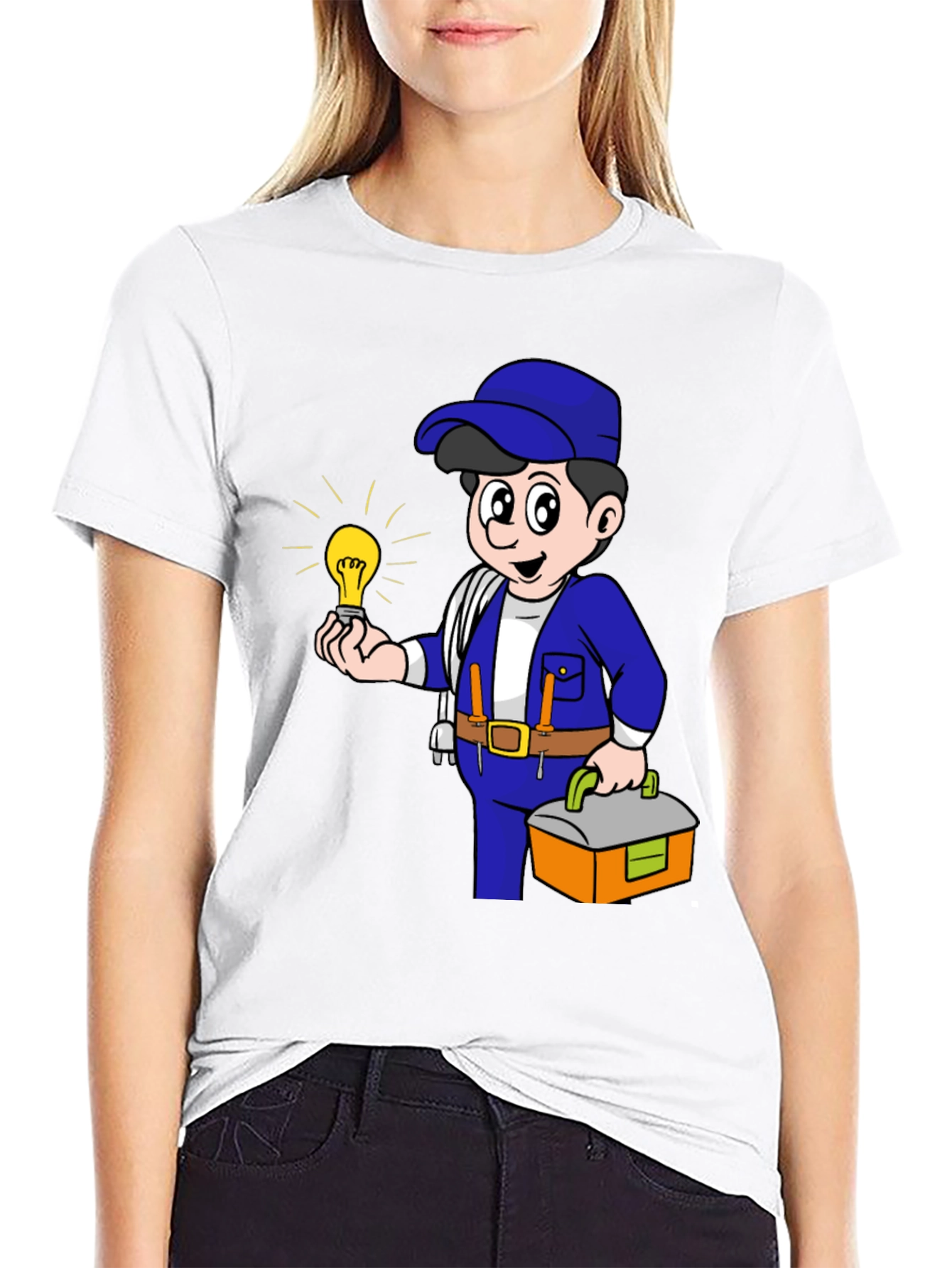 Electrician Cartoon Graphic Tee - Black Cotton T-Shirt