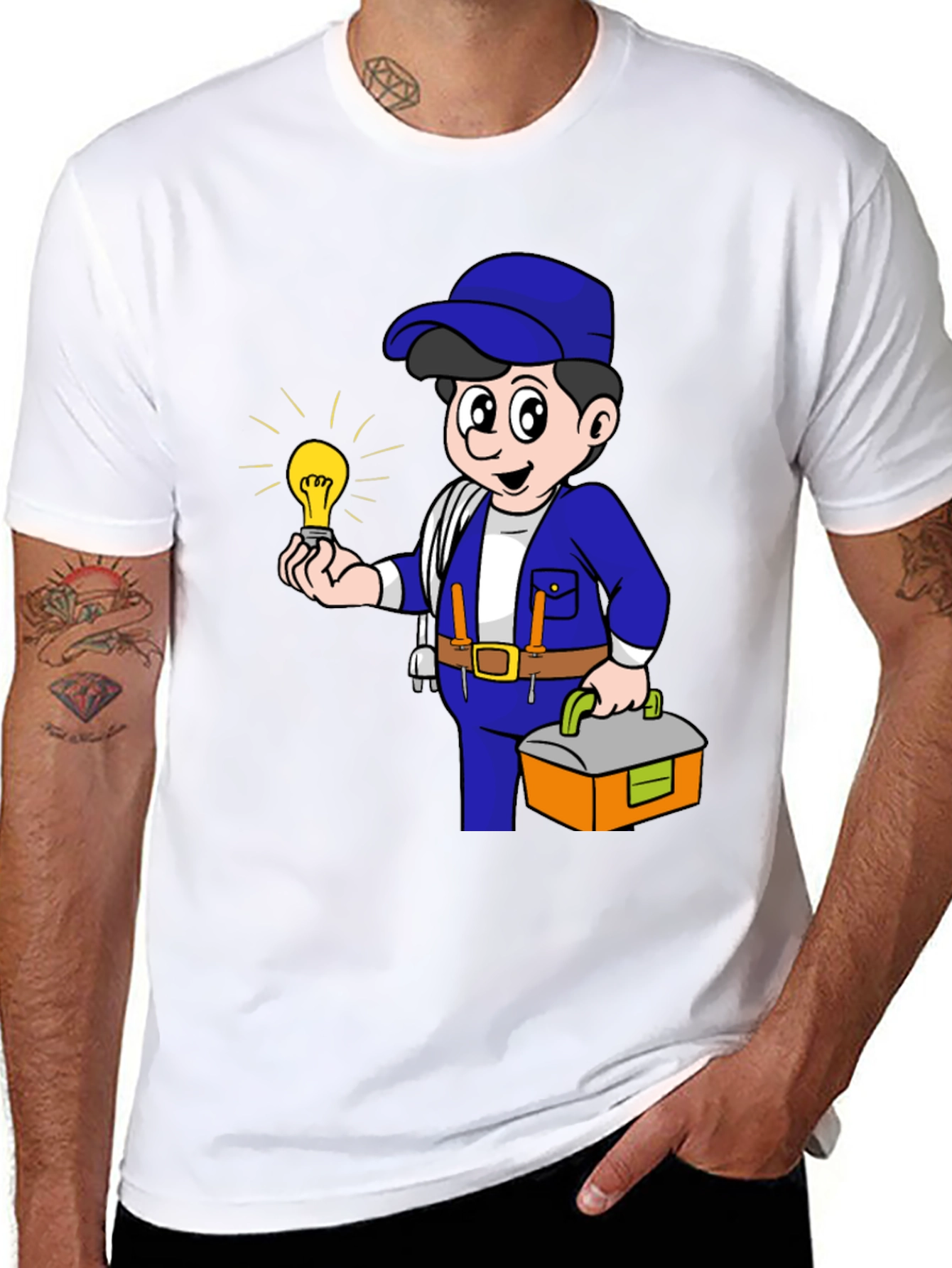 Electrician Cartoon Graphic Tee - Black Cotton T-Shirt