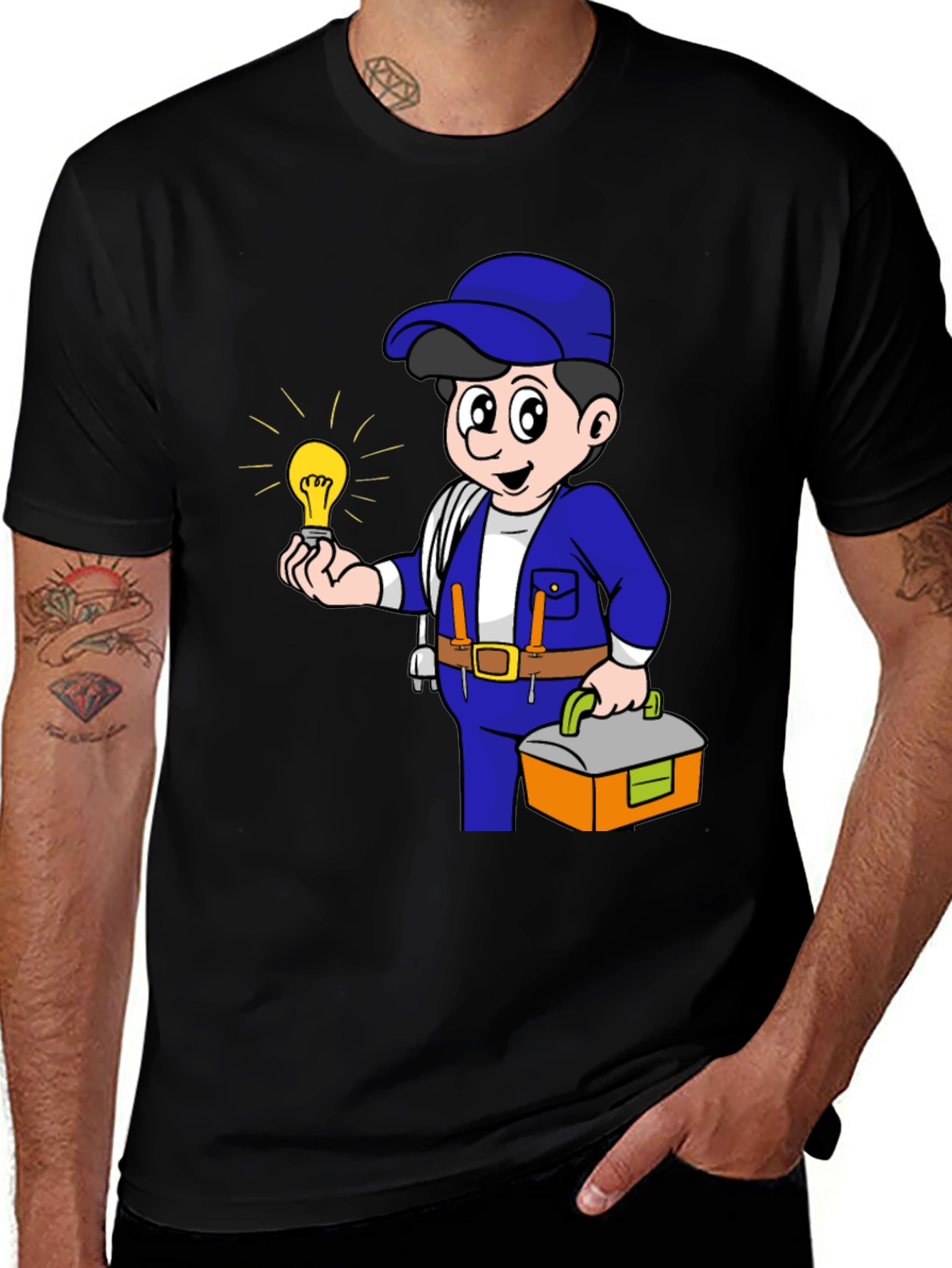 Electrician Cartoon Graphic Tee - Black Cotton T-Shirt