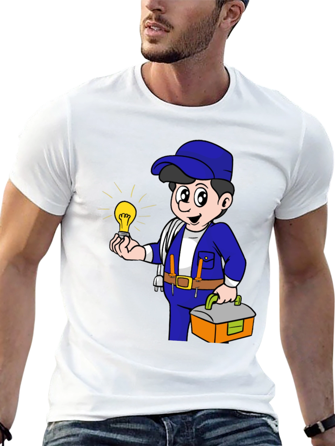 Electrician Cartoon Graphic Tee - Black Cotton T-Shirt
