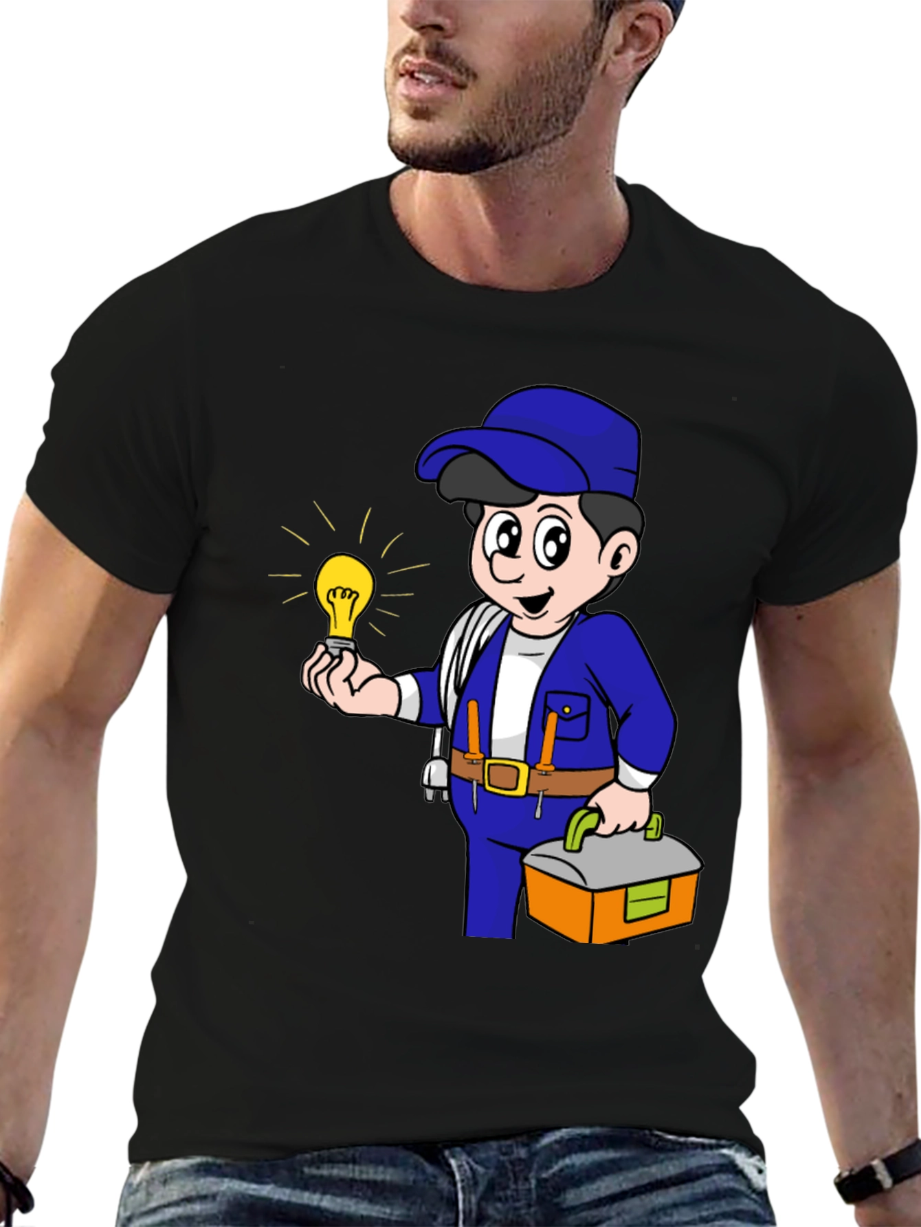 Electrician Cartoon Graphic Tee - Black Cotton T-Shirt
