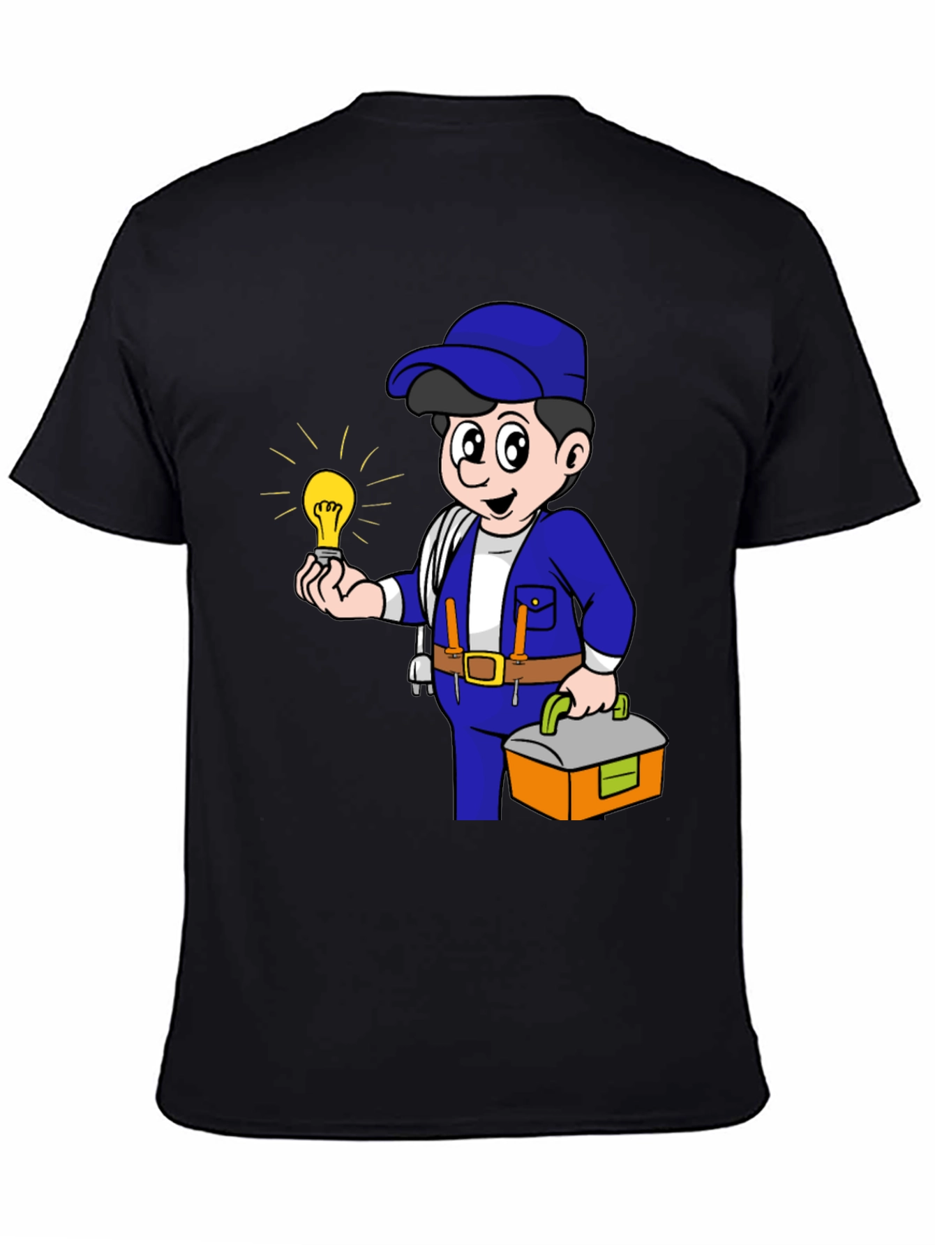 Electrician Cartoon Graphic Tee - Black Cotton T-Shirt