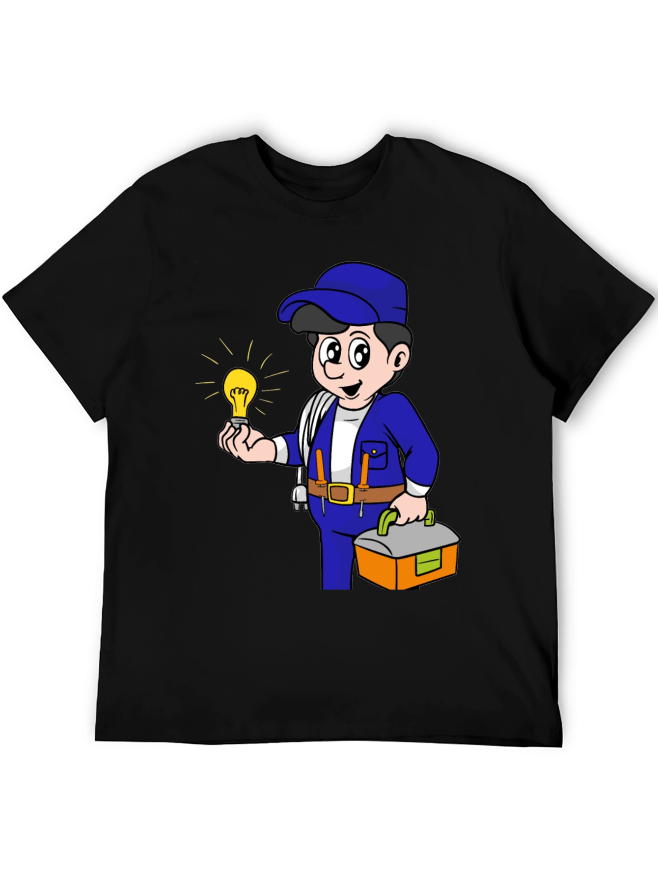 Electrician Cartoon Graphic Tee - Black Cotton T-Shirt