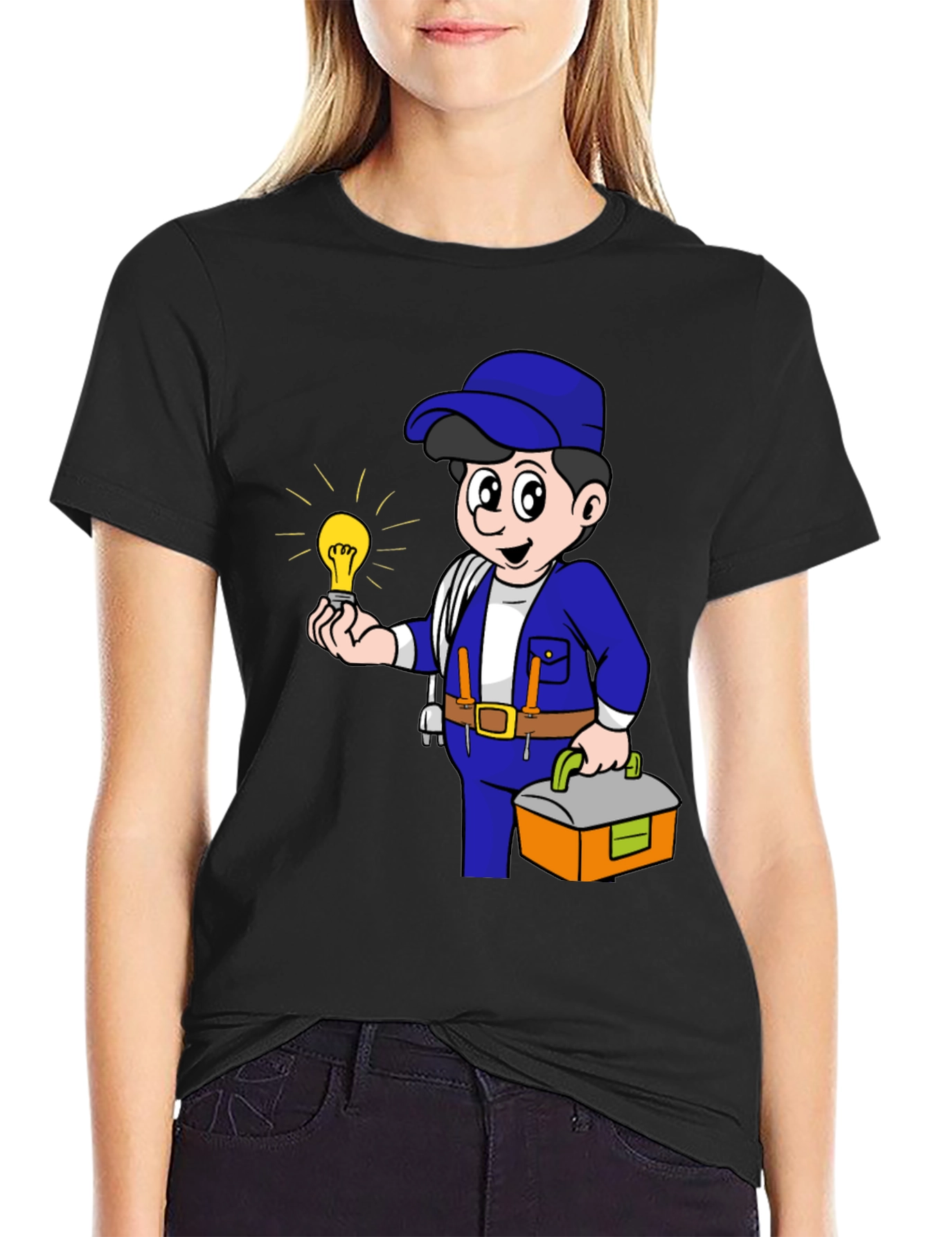 Electrician Cartoon Graphic Tee - Black Cotton T-Shirt