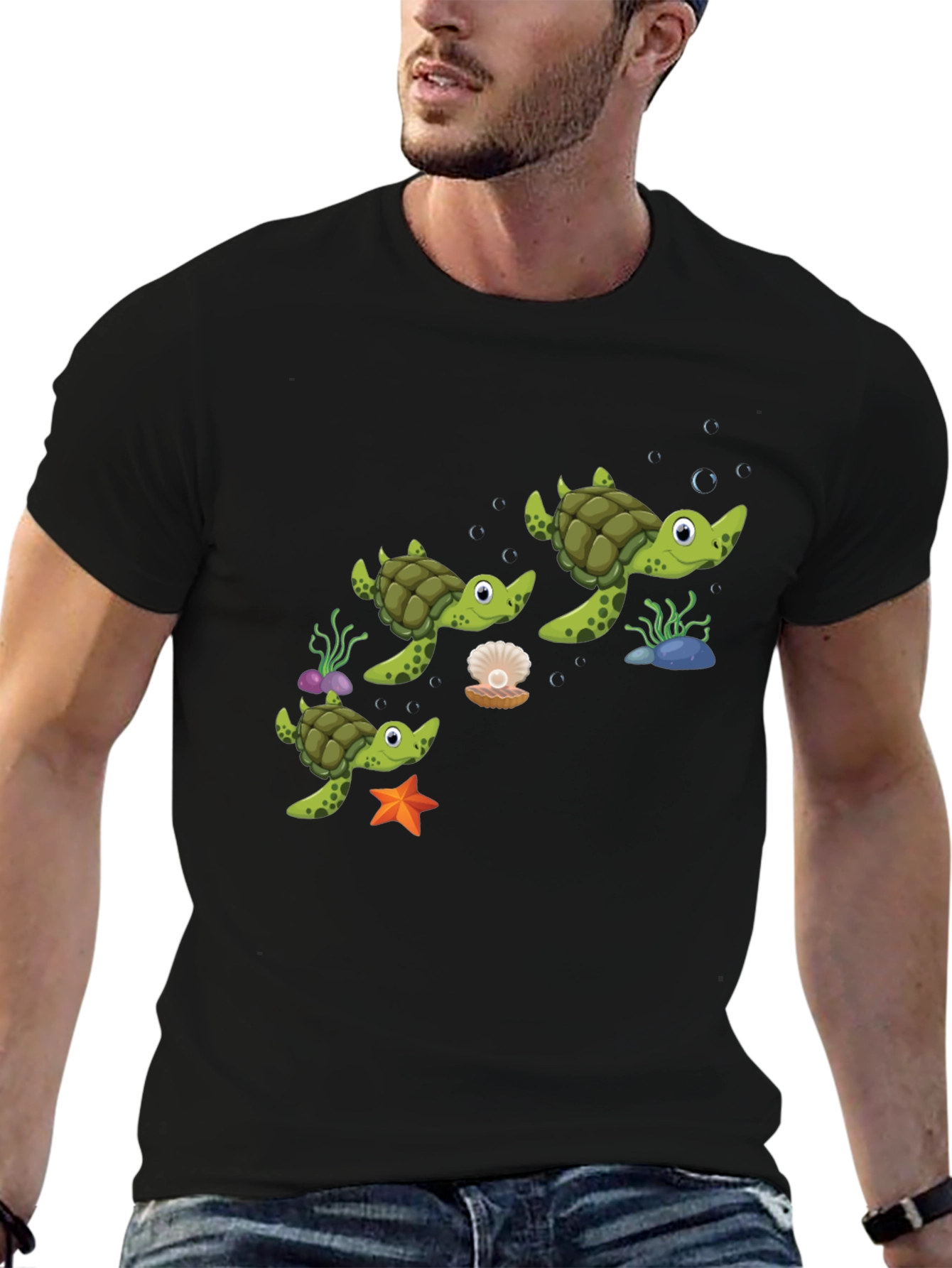 Cute Turtle Family Graphic Tee - Black Cotton T-Shirt