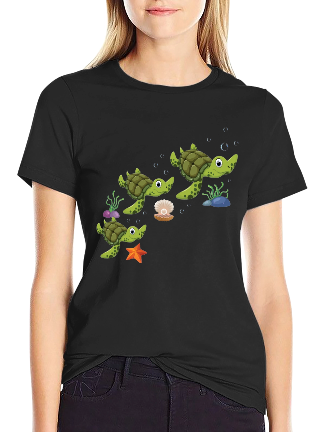Cute Turtle Family Graphic Tee - Black Cotton T-Shirt