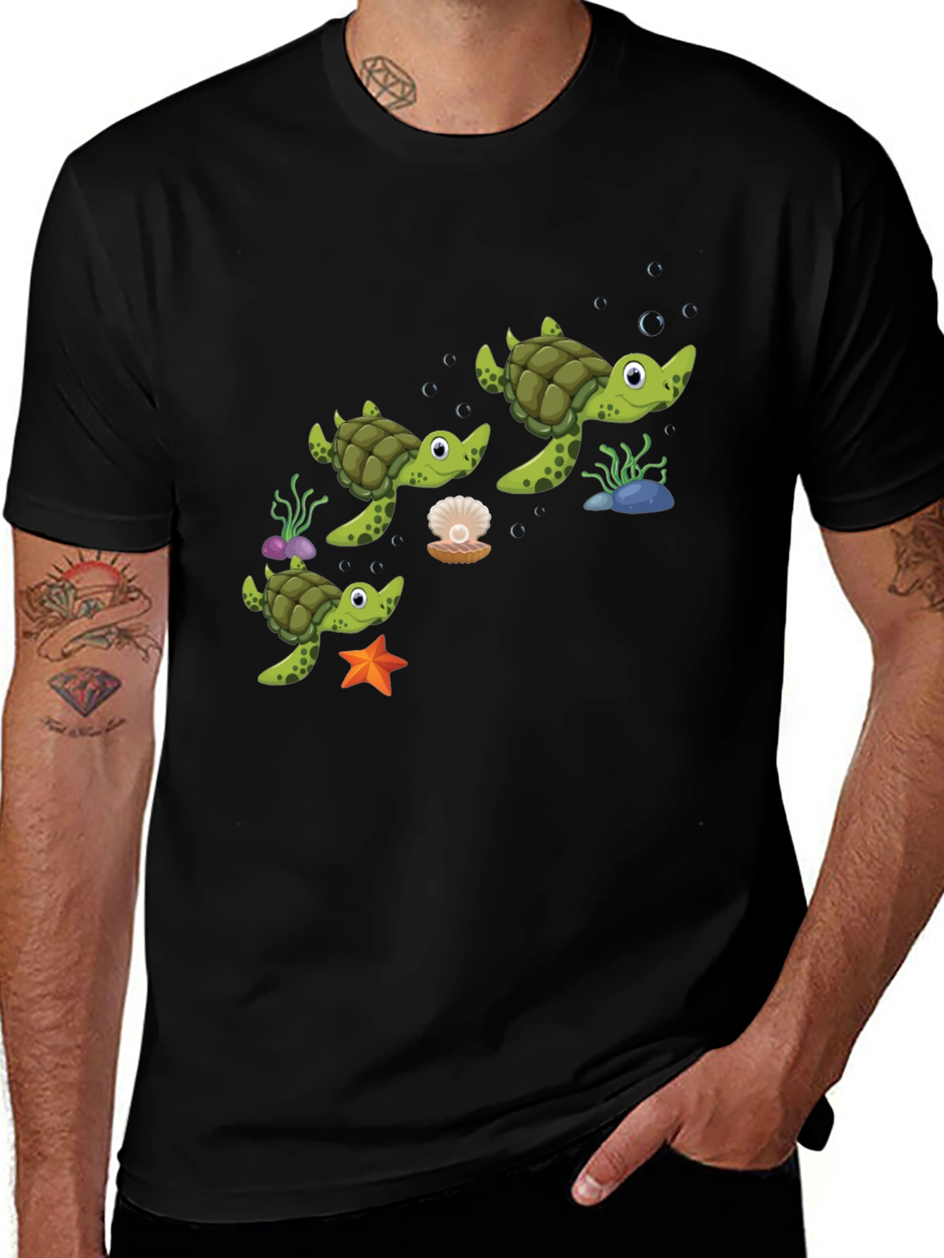 Cute Turtle Family Graphic Tee - Black Cotton T-Shirt
