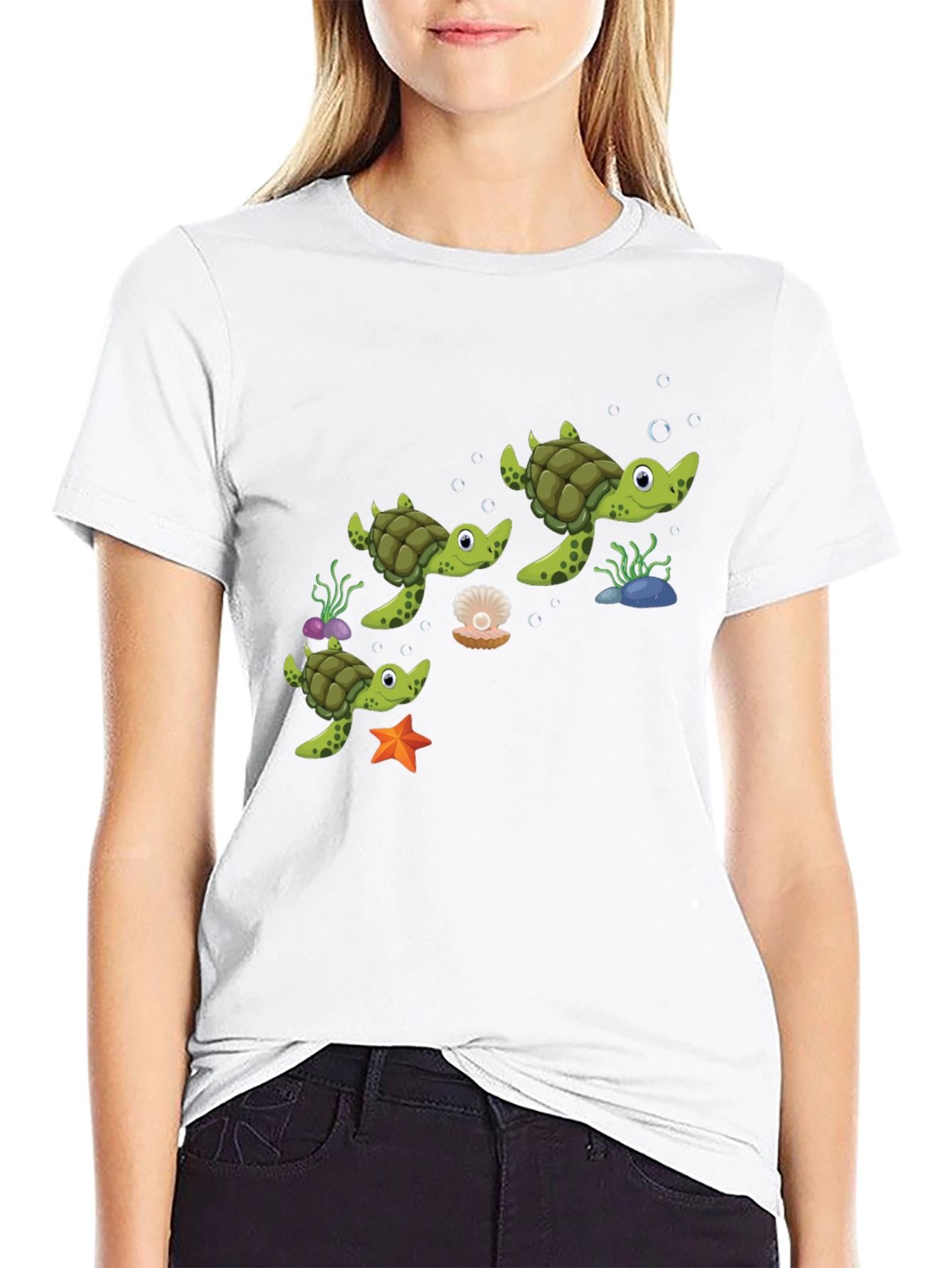 Cute Turtle Family Graphic Tee - Black Cotton T-Shirt