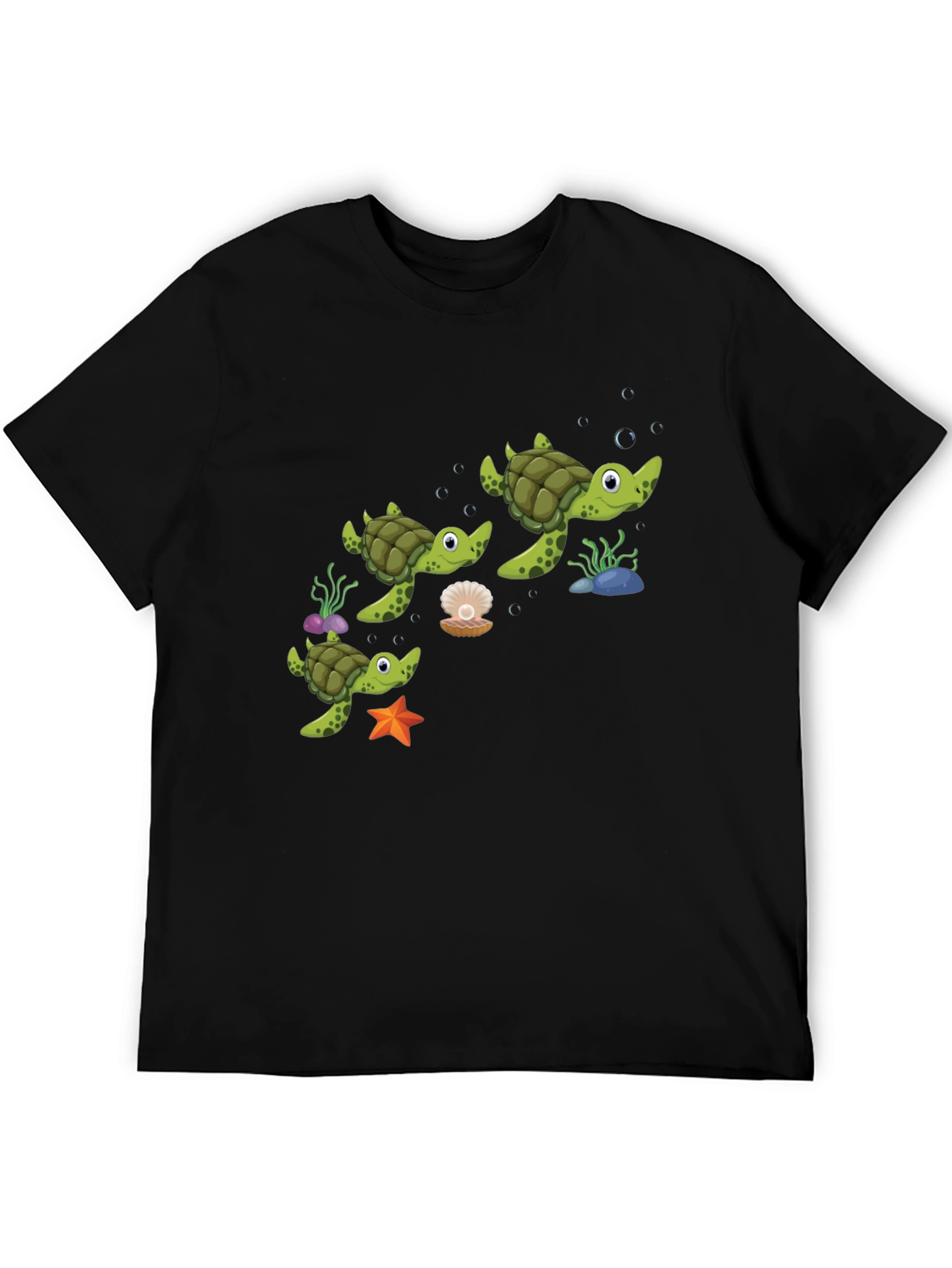 Cute Turtle Family Graphic Tee - Black Cotton T-Shirt