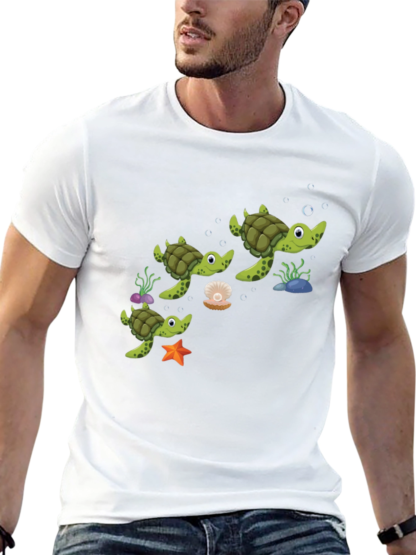 Cute Turtle Family Graphic Tee - Black Cotton T-Shirt