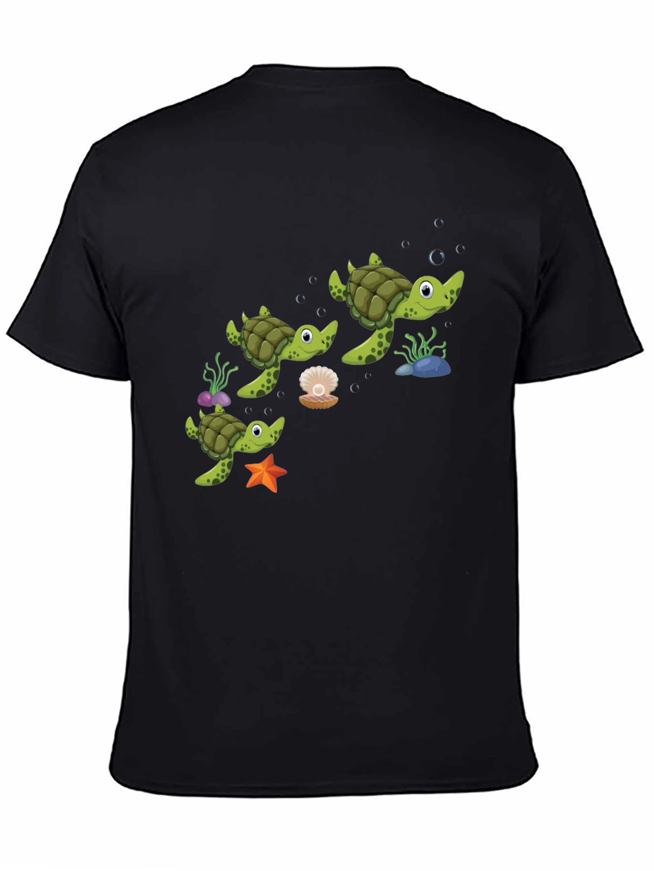 Cute Turtle Family Graphic Tee - Black Cotton T-Shirt