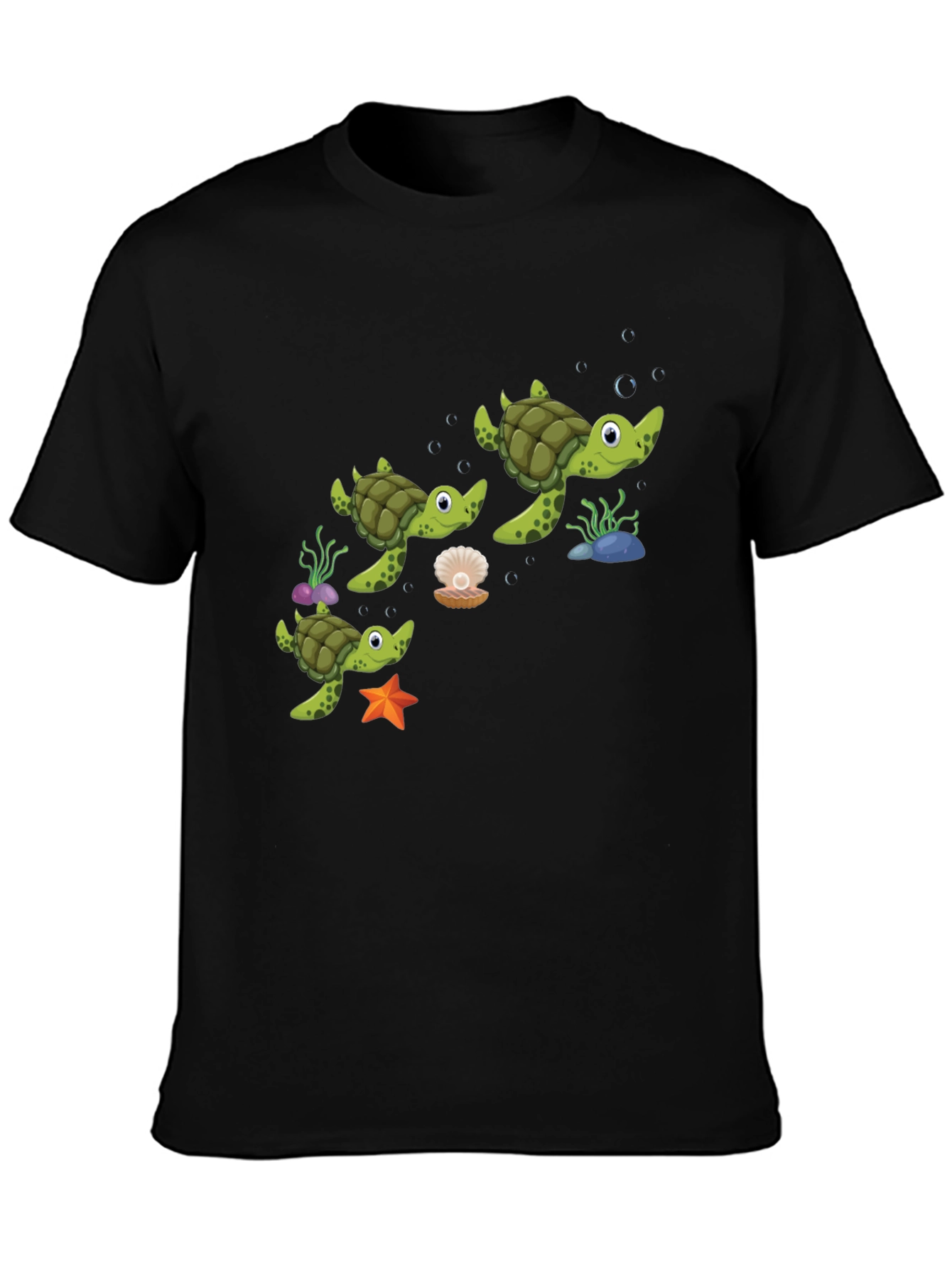 Cute Turtle Family Graphic Tee - Black Cotton T-Shirt