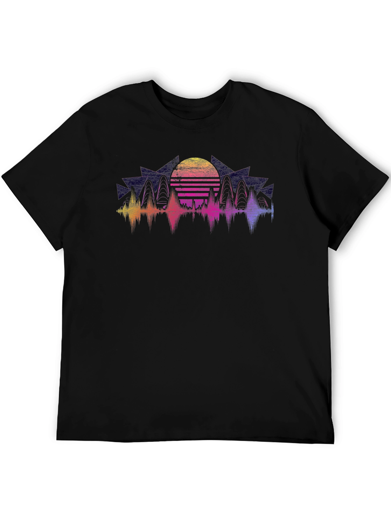 Retro Sunset Graphic Tee - Black Crew Neck Shirt