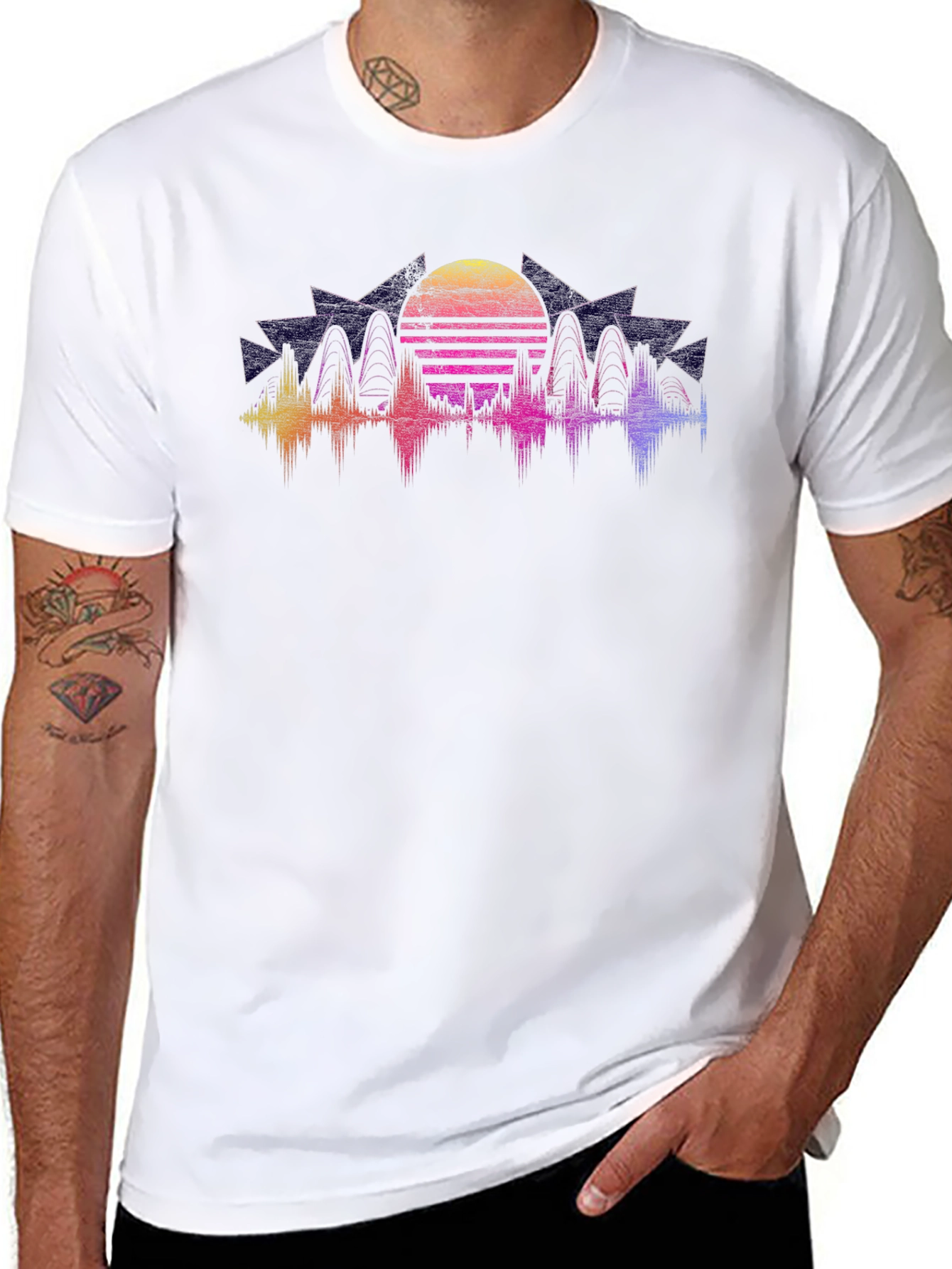 Retro Sunset Graphic Tee - Black Crew Neck Shirt