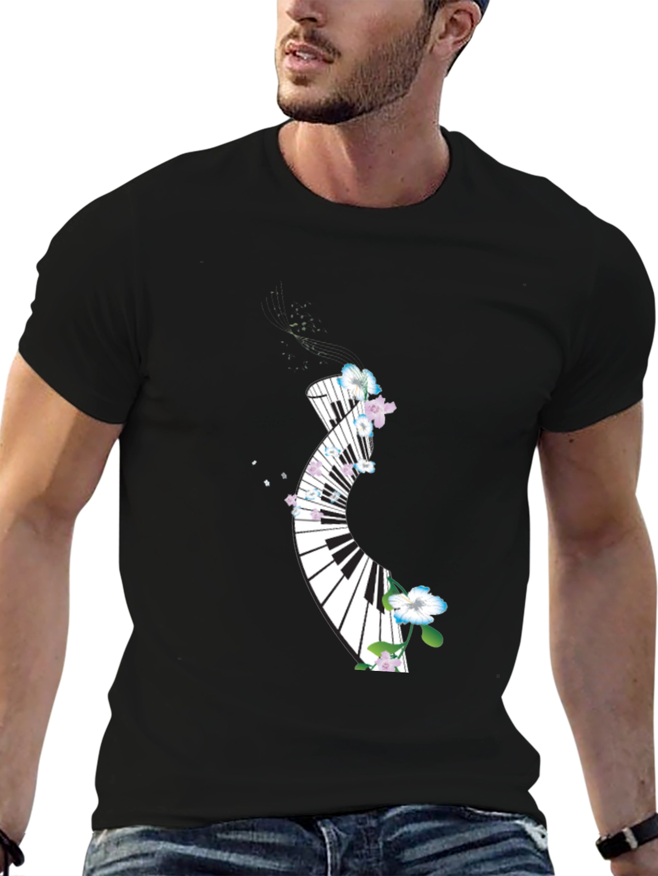 Floral Piano Keys Graphic Black T-Shirt