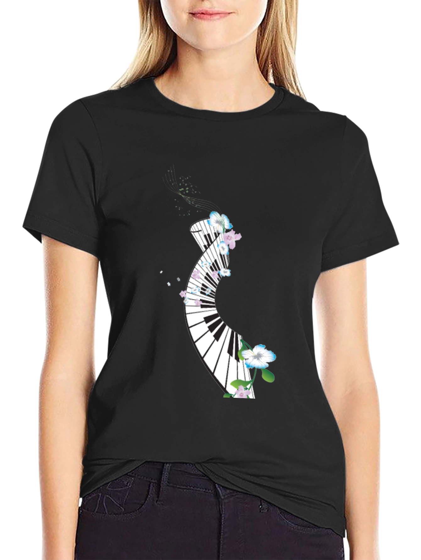 Floral Piano Keys Graphic Black T-Shirt