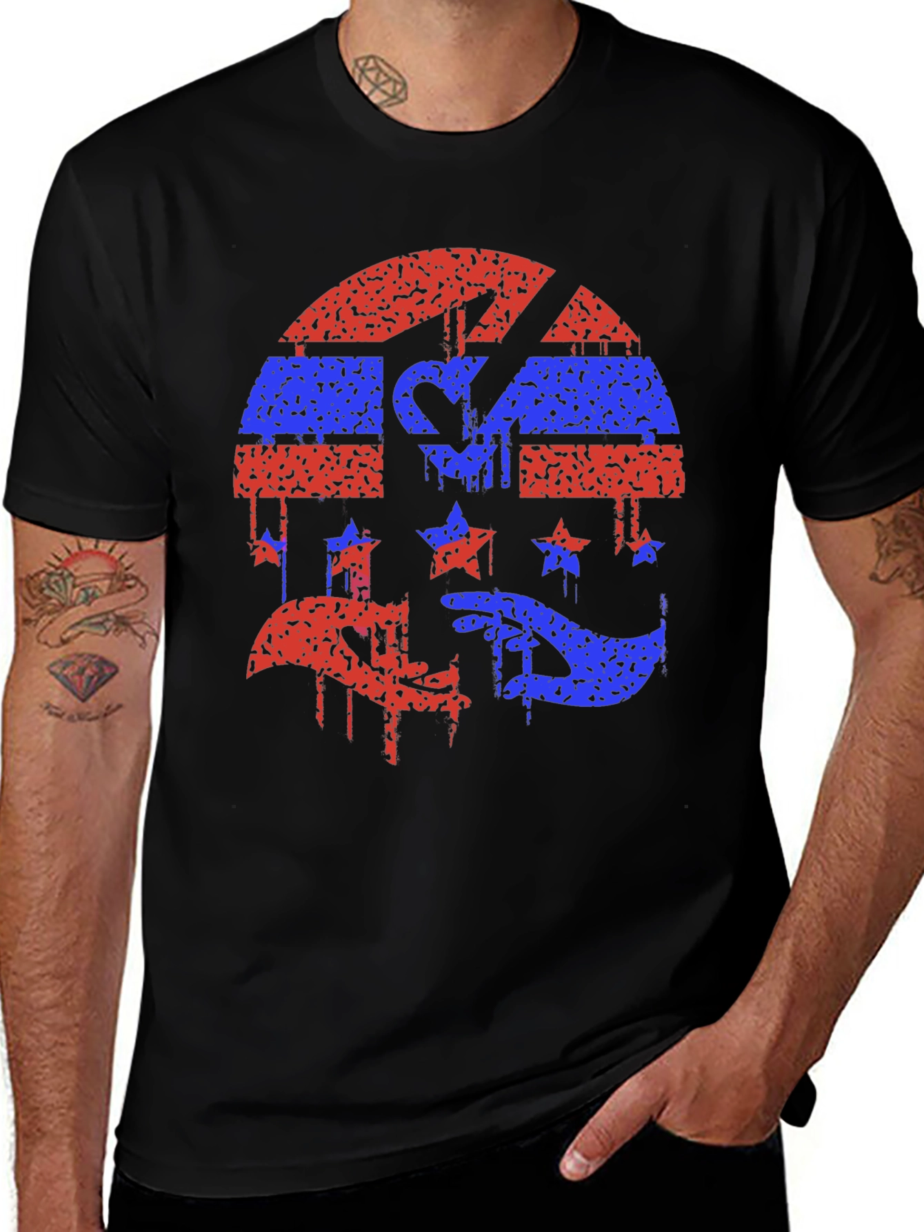 Red and Blue Grunge Graphic Black Tee