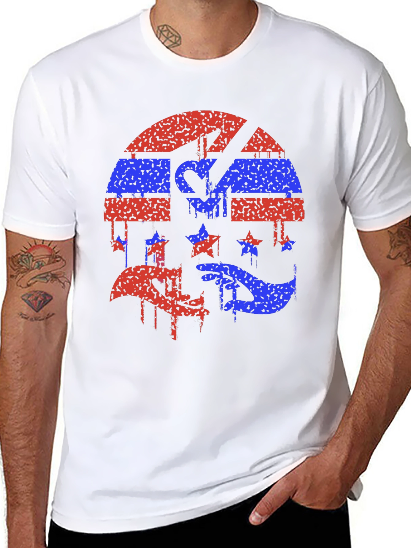 Red and Blue Grunge Graphic Black Tee