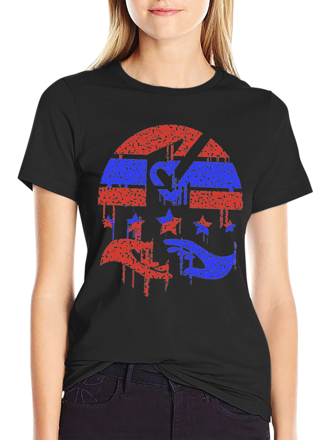 Red and Blue Grunge Graphic Black Tee