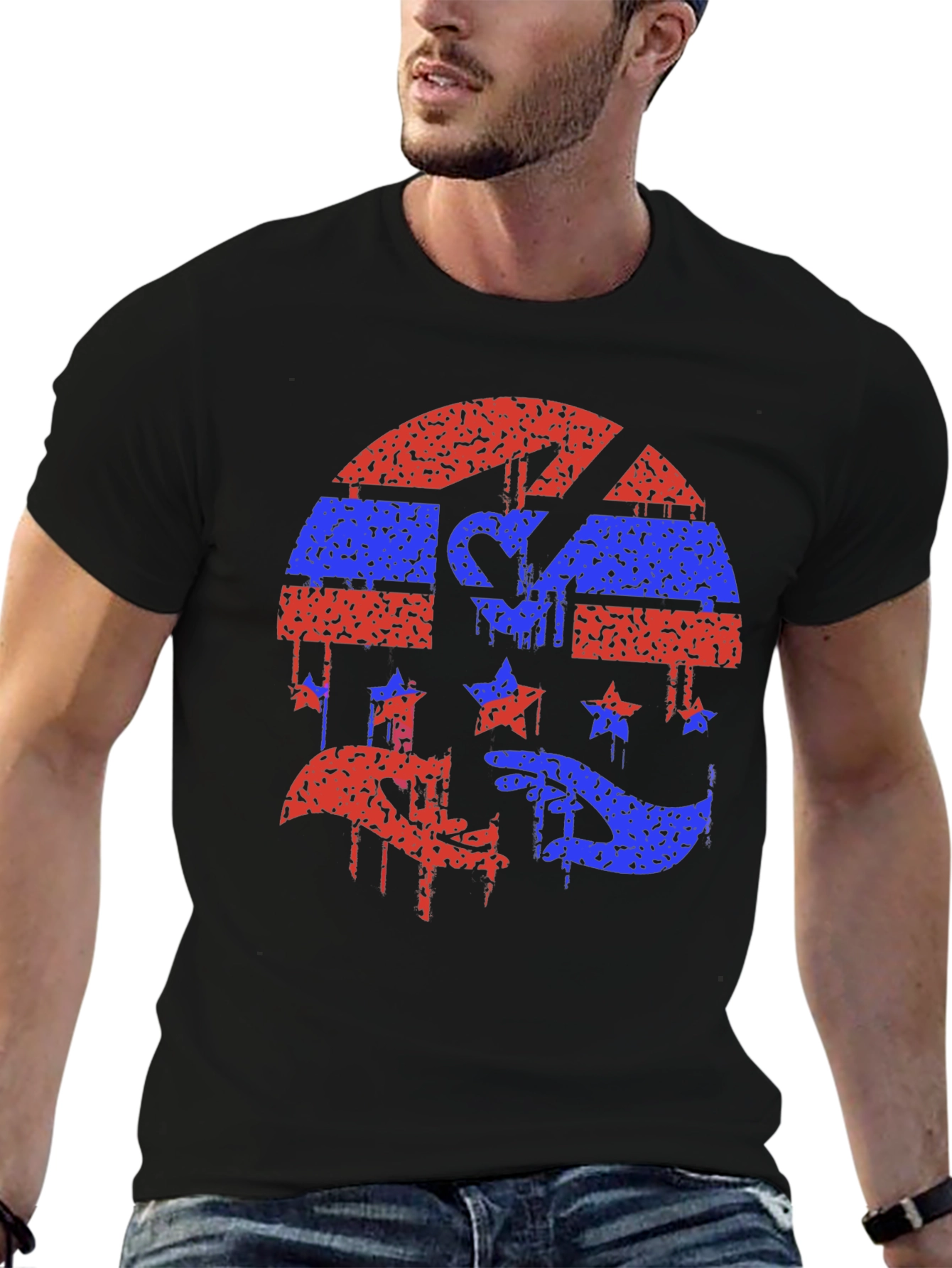 Red and Blue Grunge Graphic Black Tee