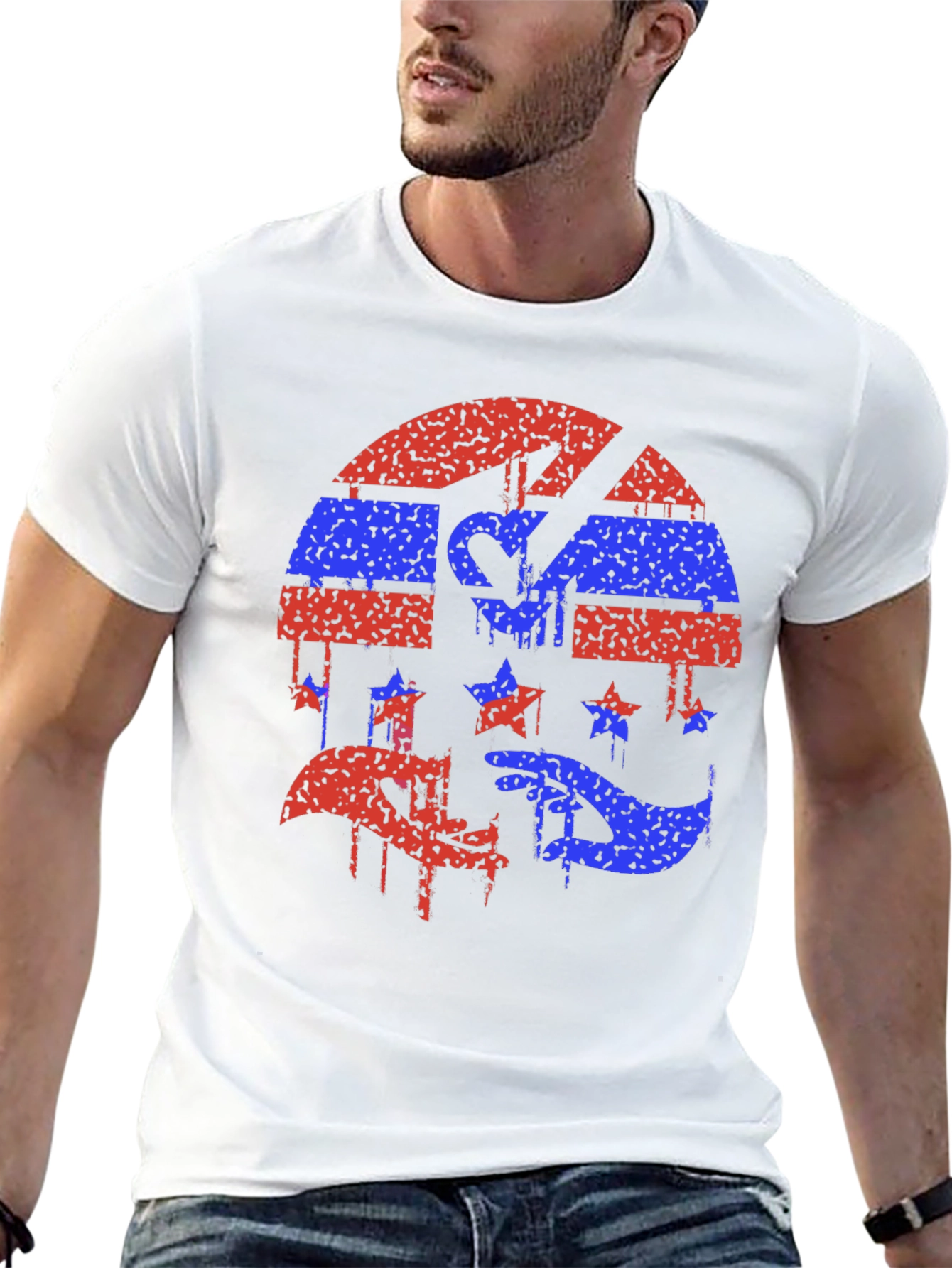 Red and Blue Grunge Graphic Black Tee