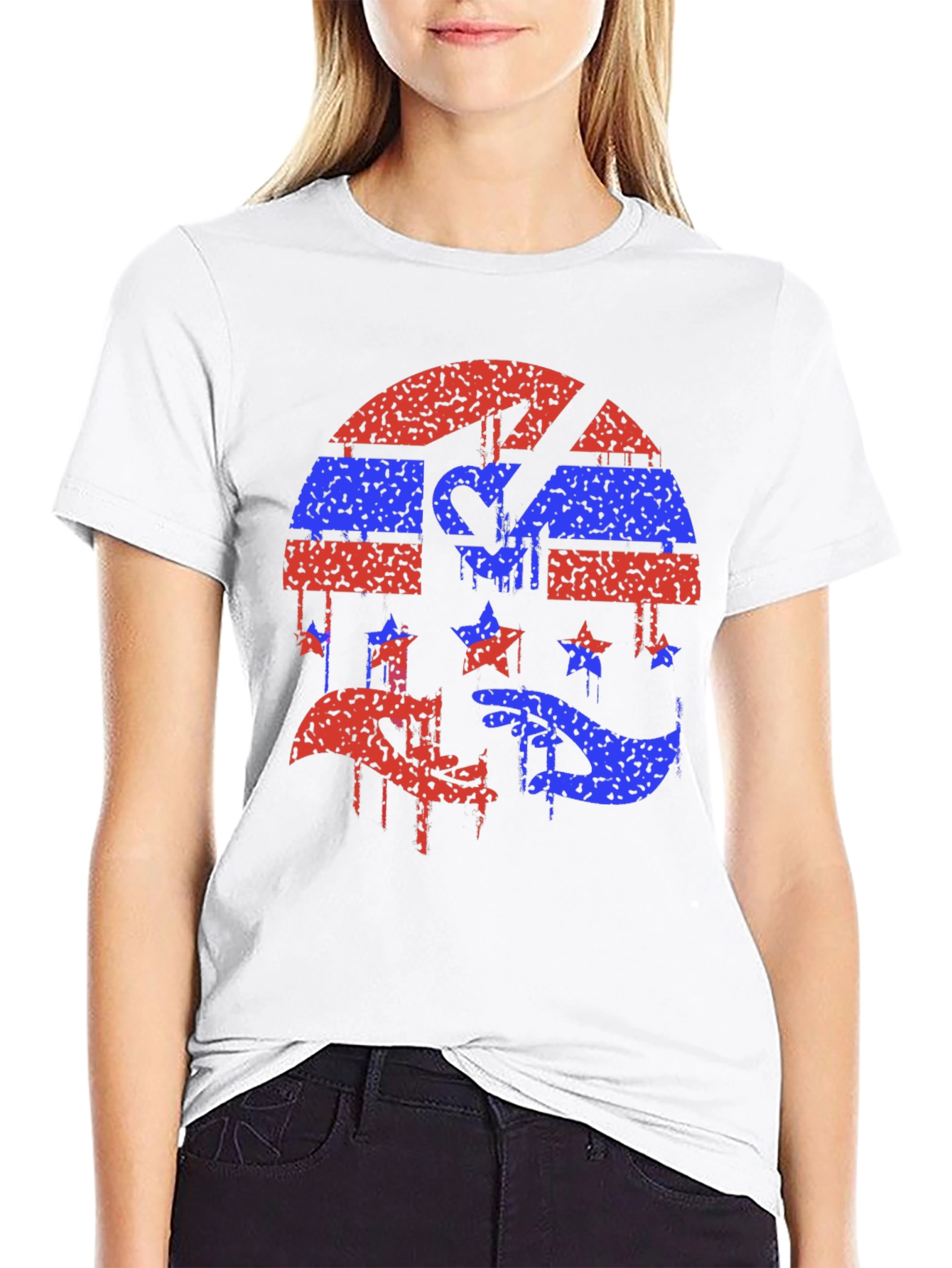 Red and Blue Grunge Graphic Black Tee