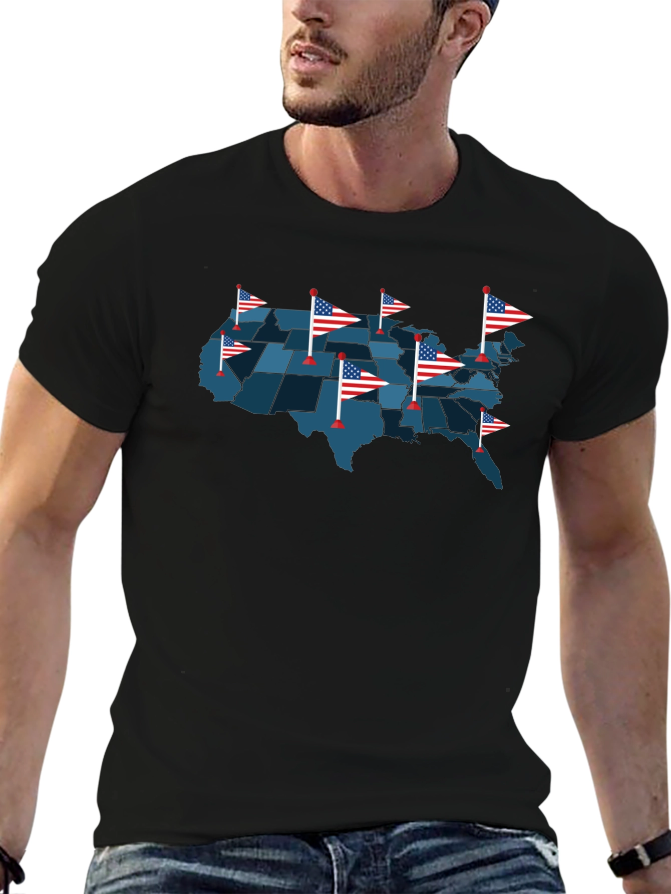 USA Map T-Shirt with American Flags
