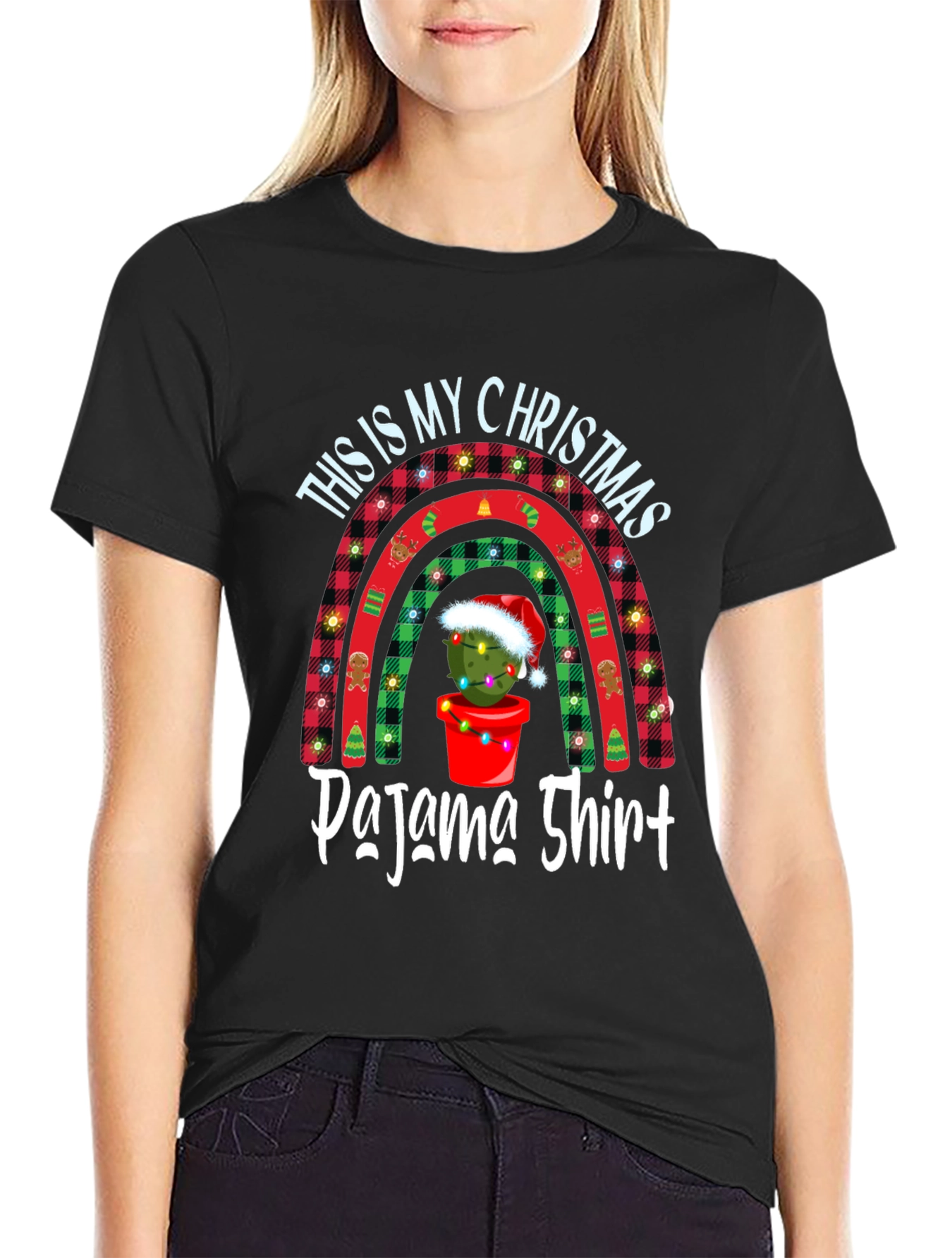Christmas Pajama Shirt Tee - Cactus Rainbow Holiday Top
