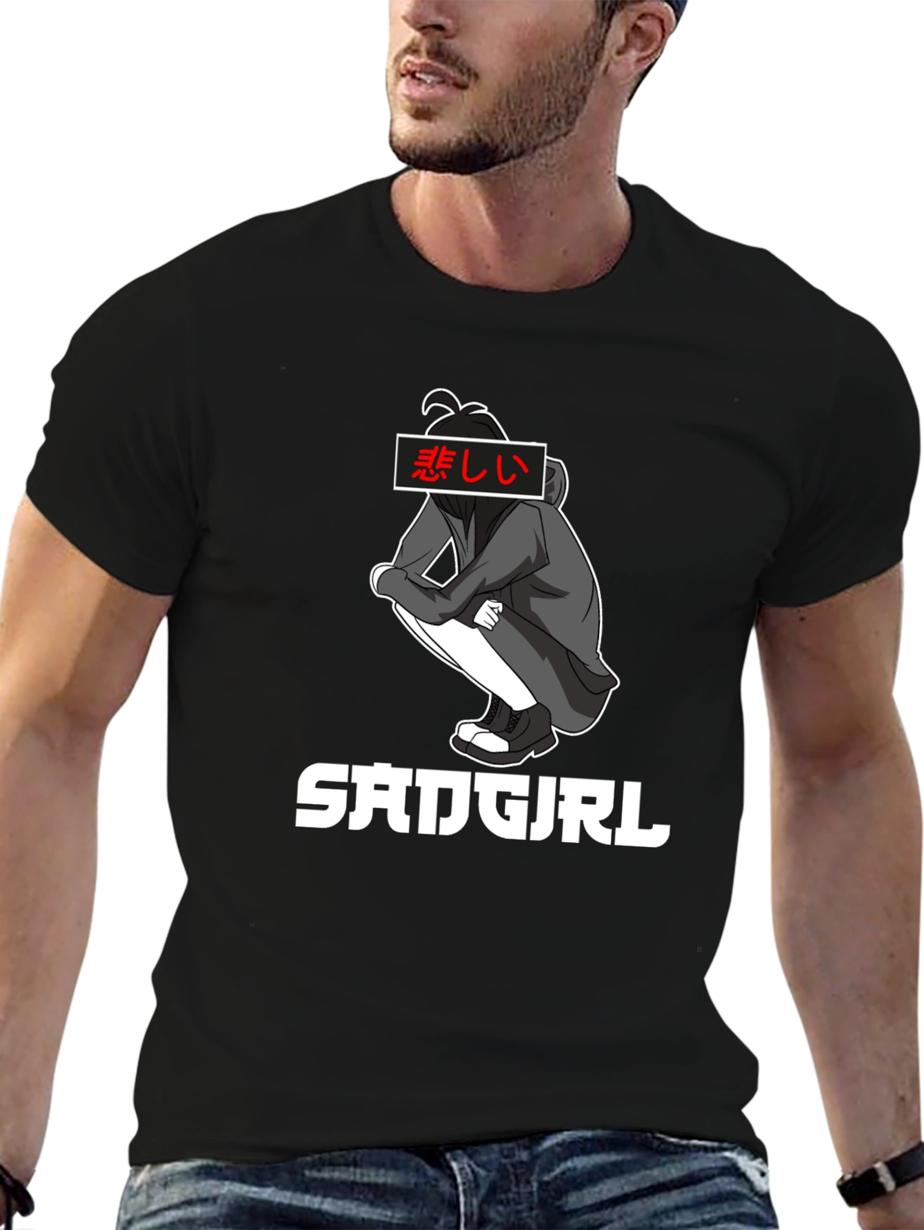 Sad Girl Anime Graphic Tee - Black Cotton T-Shirt