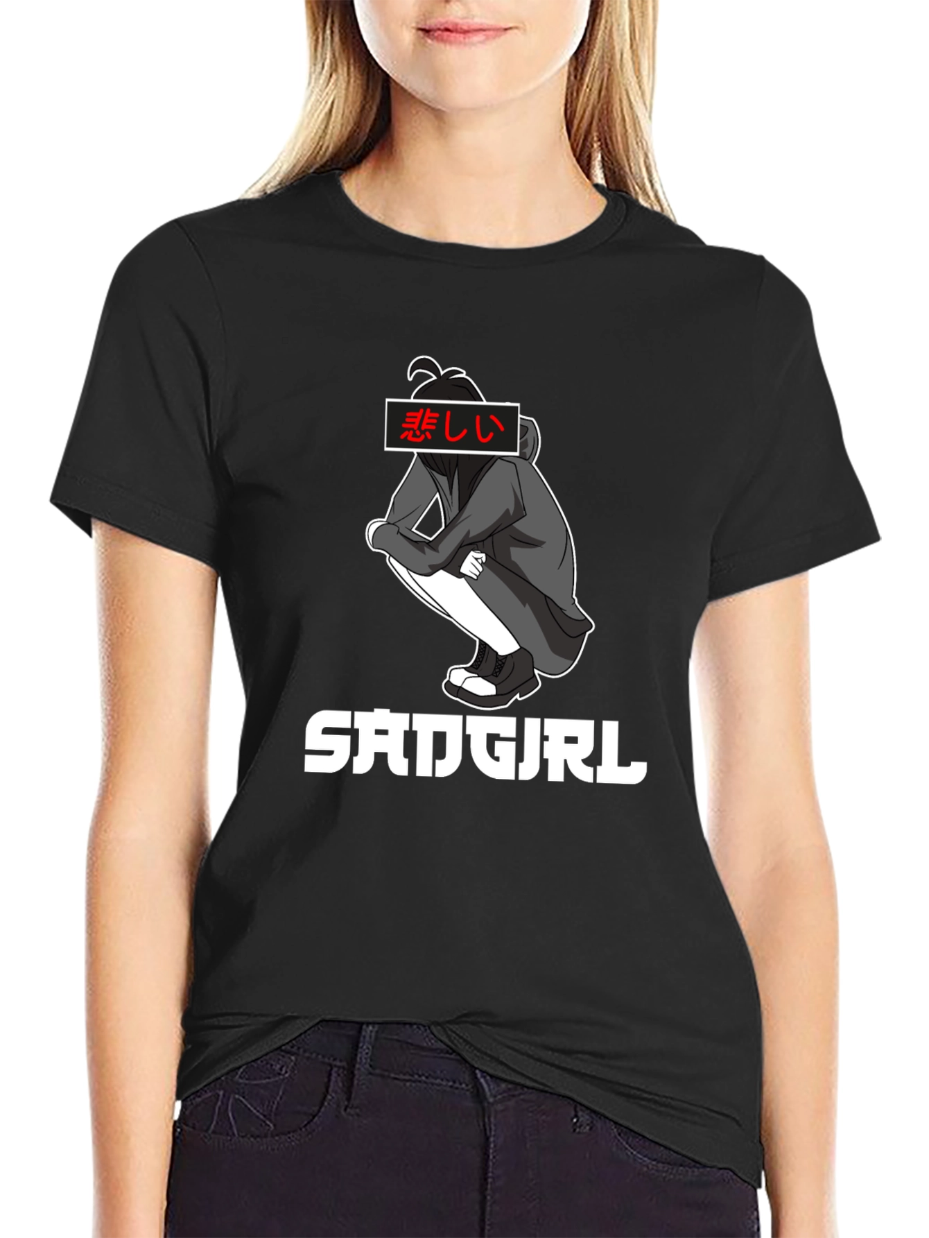 Sad Girl Anime Graphic Tee - Black Cotton T-Shirt