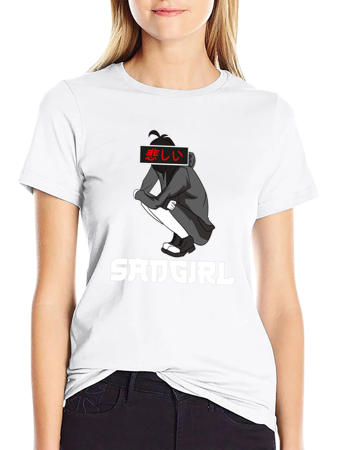 Sad Girl Anime Graphic Tee - Black Cotton T-Shirt