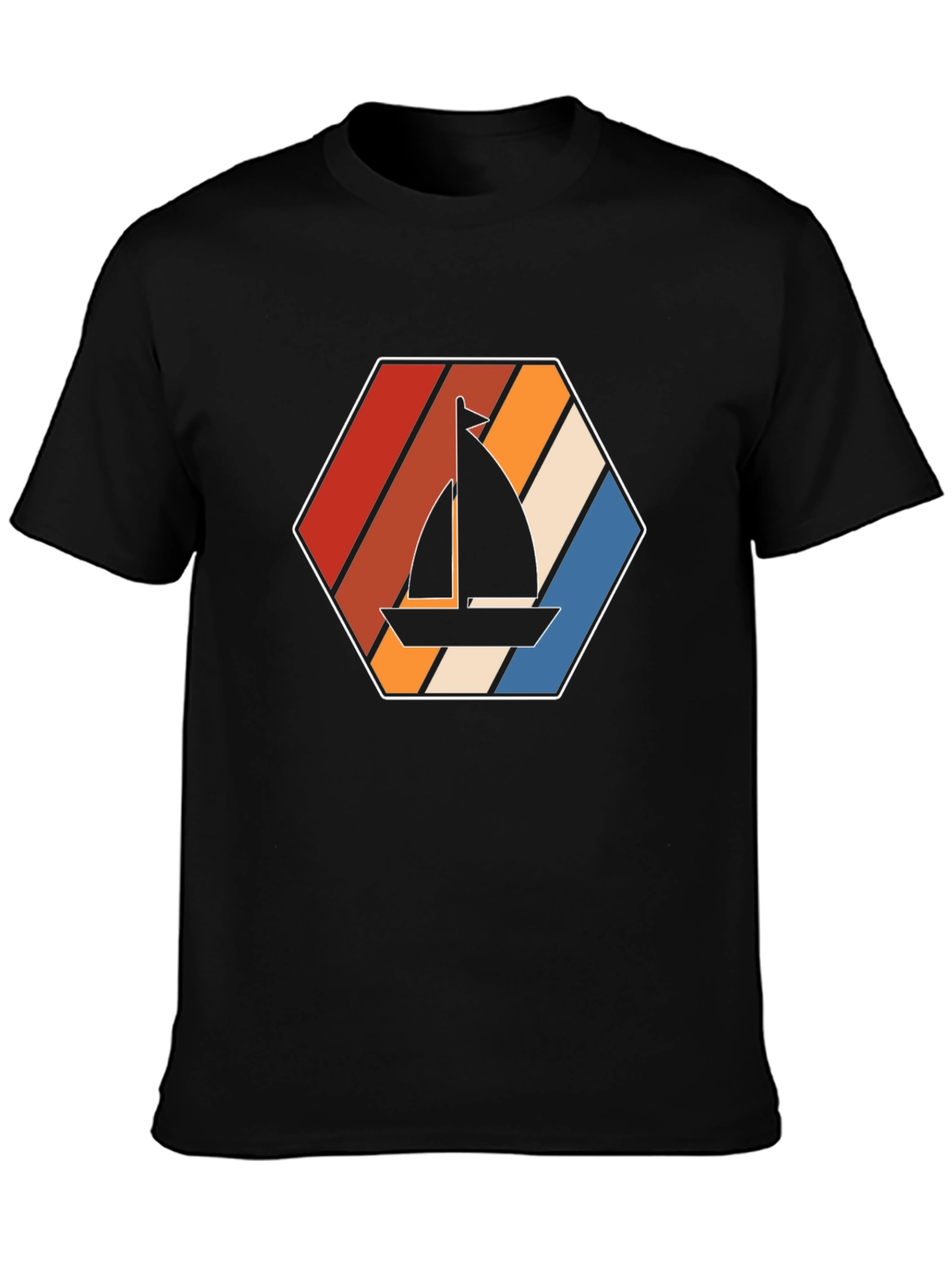 Retro Sailboat Graphic Tee - Black Cotton T-Shirt